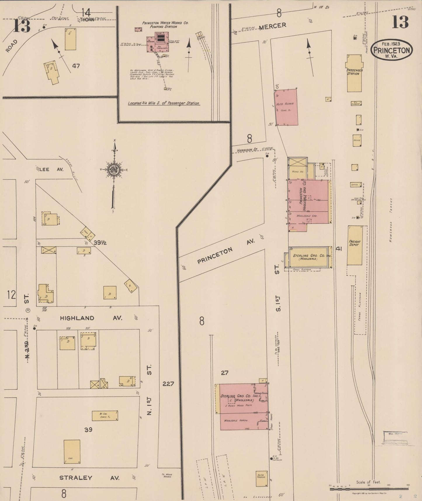 Sanborn Fire Insurance Map from Princeton, Mercer County, West Virginia (1923), Sheet #0013 - Complete Map Set gallery image, historic Sanborn map, vintage wall art, West Virginia West Virginia