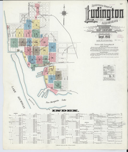 Sanborn Fire Insurance Map from Ludington, Mason County, Michigan (1910), Sheet #0001 - Historic Sanborn Fire Insurance Map Print, vintage old map wall art, antique decor, genealogy gift, Michigan Michigan map