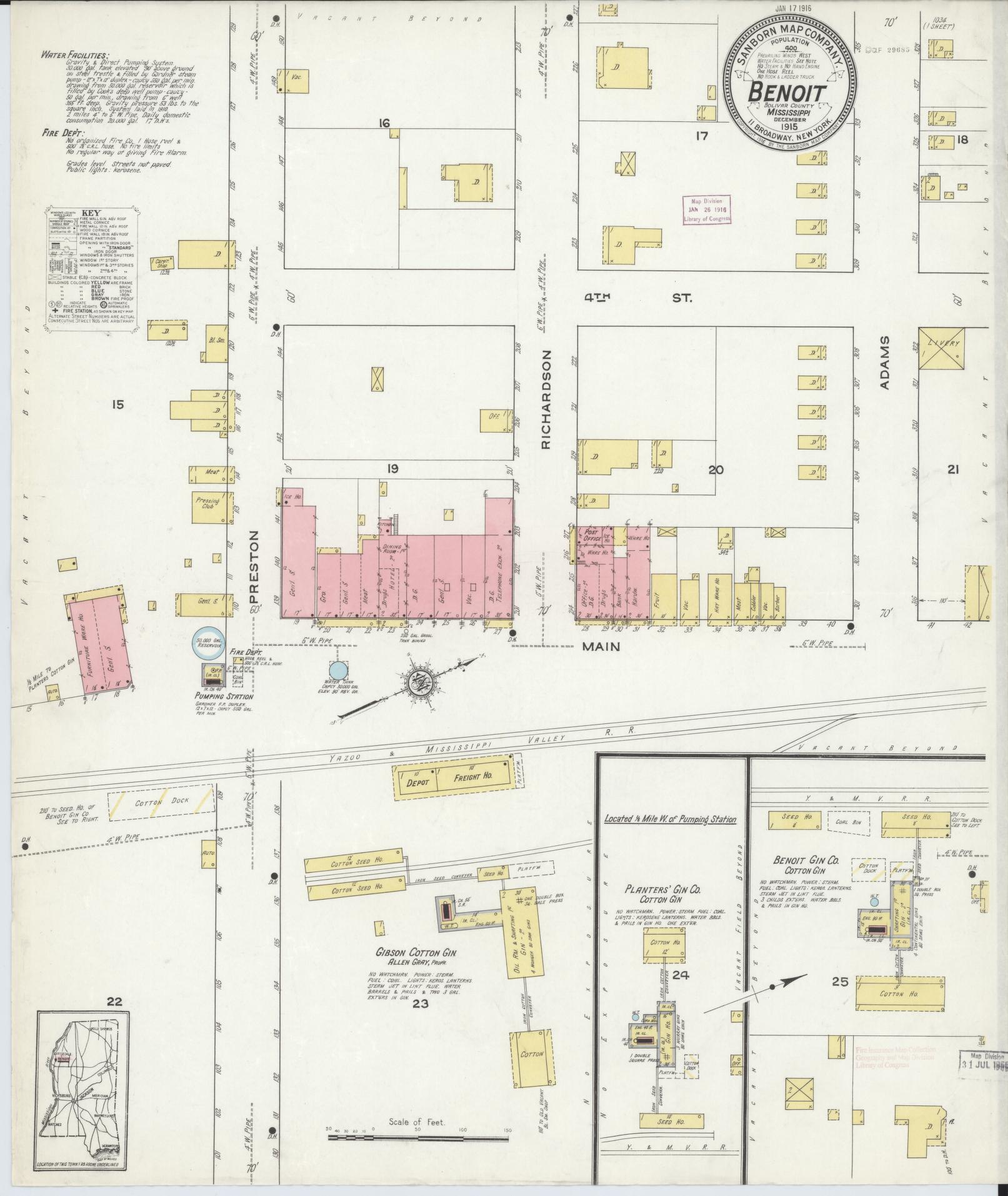 Sanborn Fire Insurance Map from Benoit, Bolivar County, Mississippi (1915), Sheet #0001 - Historic Sanborn Fire Insurance Map Print, vintage old map wall art, antique decor, genealogy gift, Mississippi Mississippi map