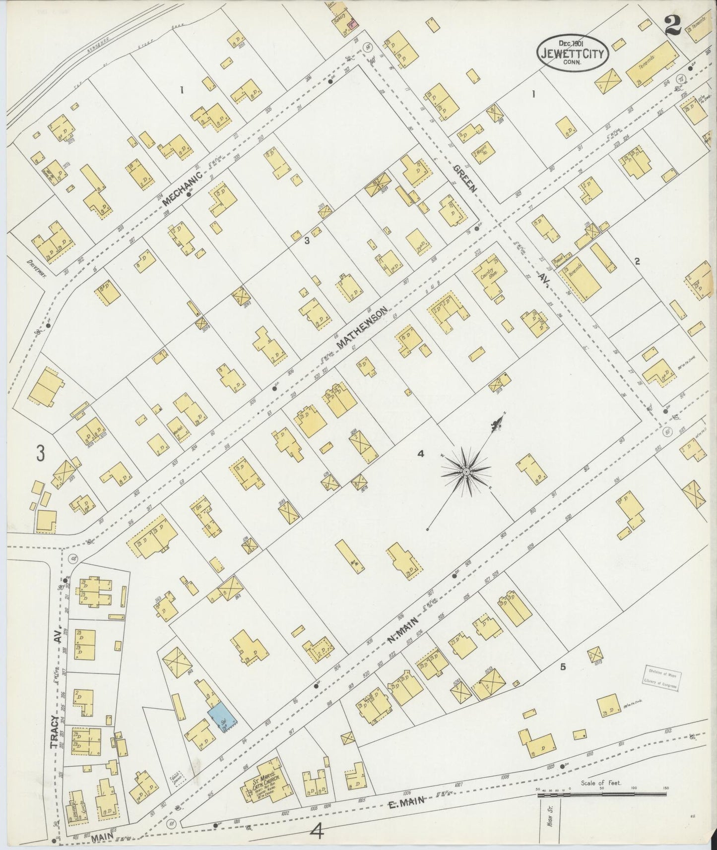 Sanborn Fire Insurance Map from Jewett City, New London County, Connecticut (1901), Sheet #0002 - Complete Map Set gallery image, historic Sanborn map, vintage wall art, Connecticut Connecticut