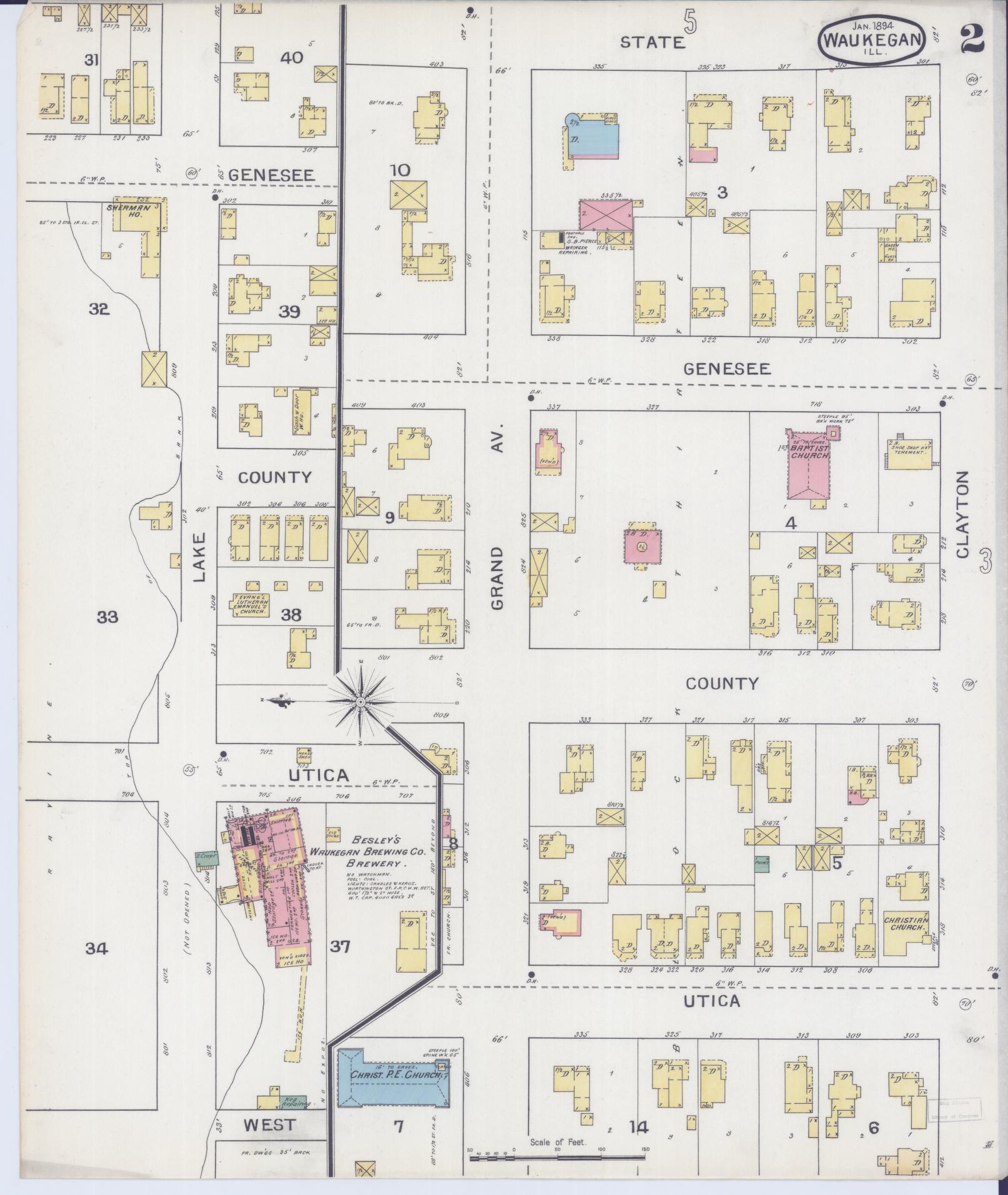 Sanborn Fire Insurance Map from Waukegan, Lake County, Illinois (1894), Sheet #0002 - Complete Map Set gallery image, historic Sanborn map, vintage wall art, Illinois Illinois