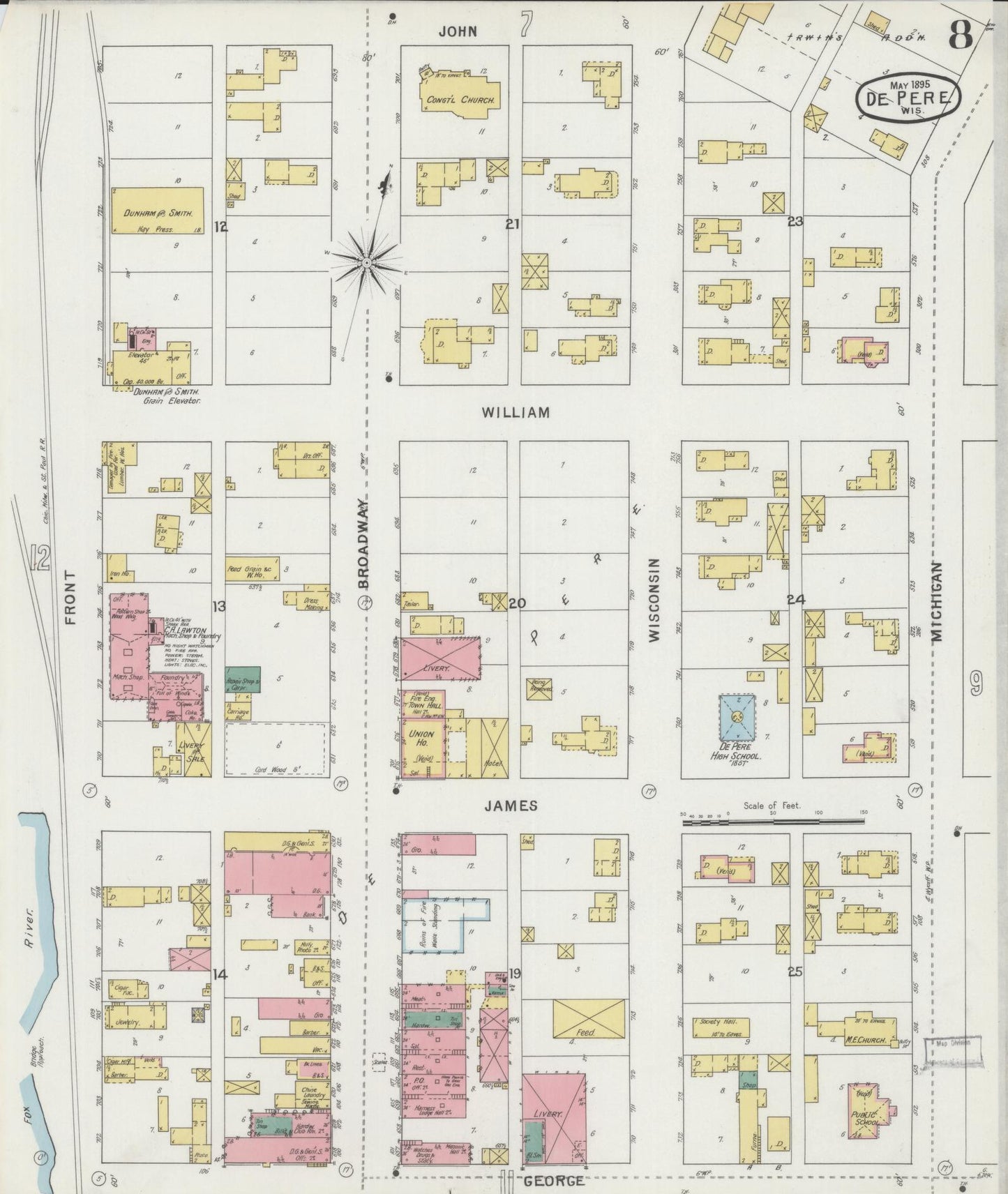 Sanborn Fire Insurance Map from De Pere, Brown County, Wisconsin (1895), Sheet #0008 - Complete Map Set gallery image, historic Sanborn map, vintage wall art, Wisconsin Wisconsin
