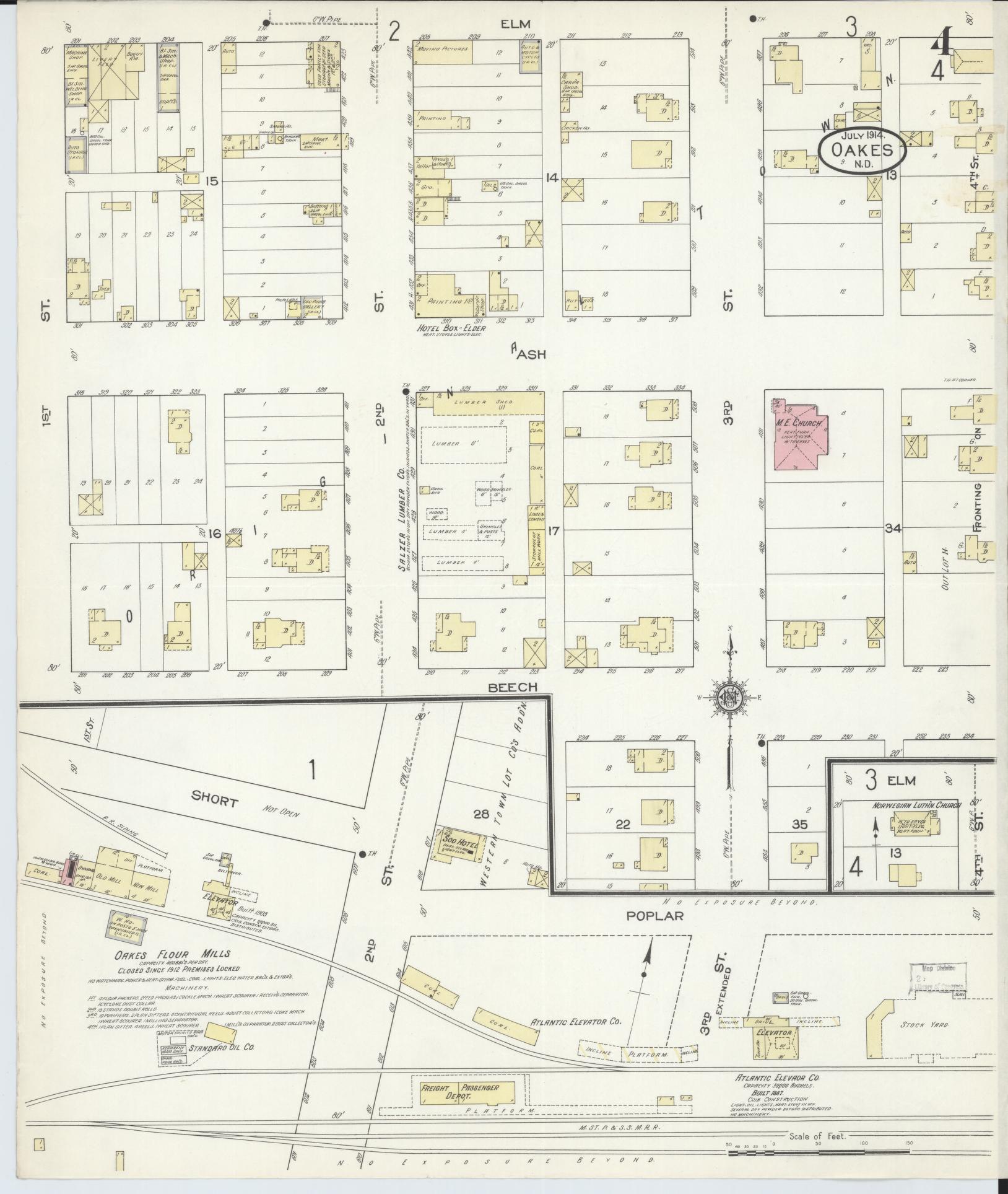Sanborn Fire Insurance Map from Oakes, Dickey County, North Dakota (1914), Sheet #0004 - Complete Map Set gallery image, historic Sanborn map, vintage wall art, North Dakota North Dakota