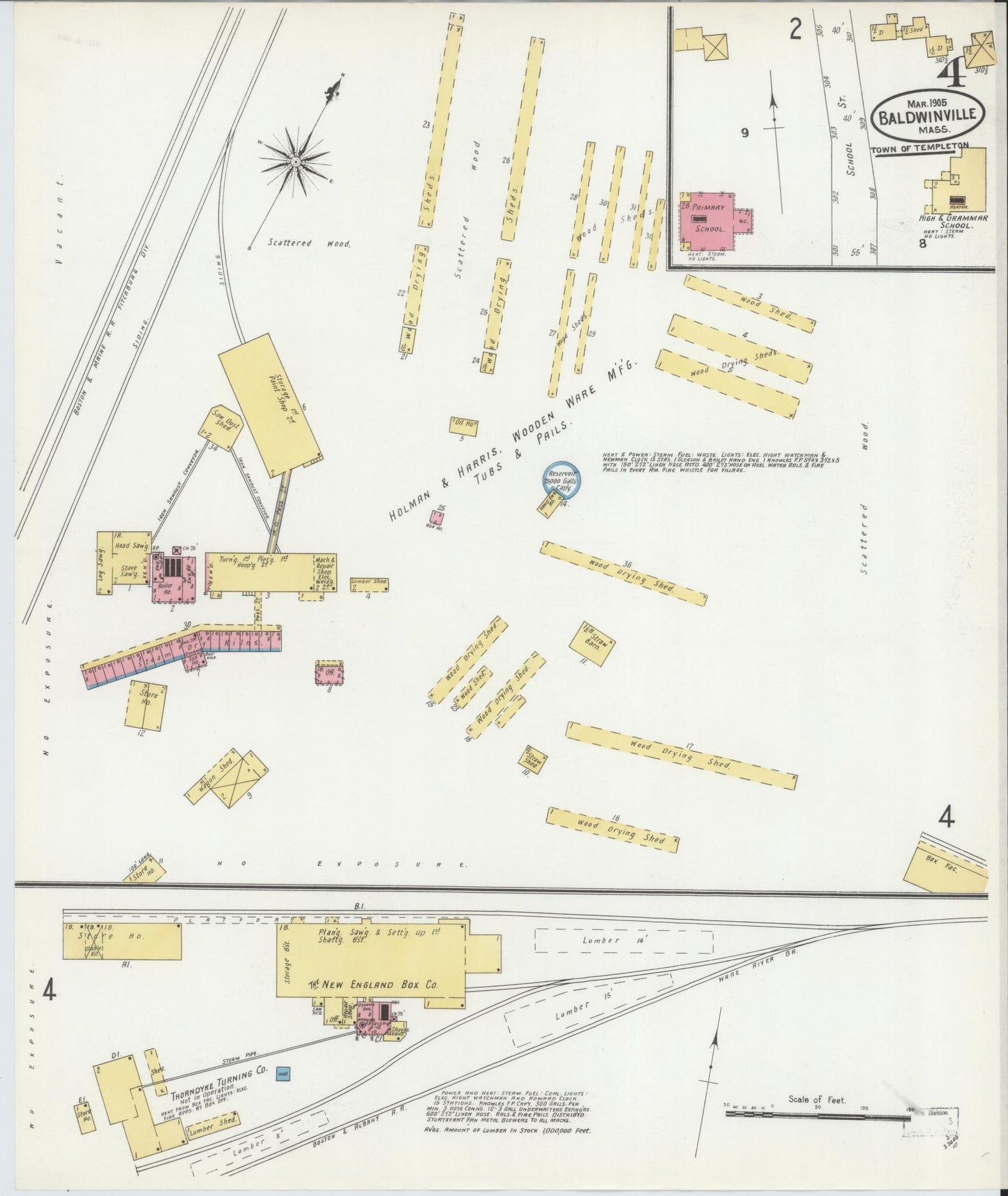 Sanborn Fire Insurance Map from Baldwinville, Worcester County, Massachusetts (1905), Sheet #0004 - Historic Sanborn Fire Insurance Map Print, vintage old map wall art, antique decor, genealogy gift, Massachusetts Massachusetts map
