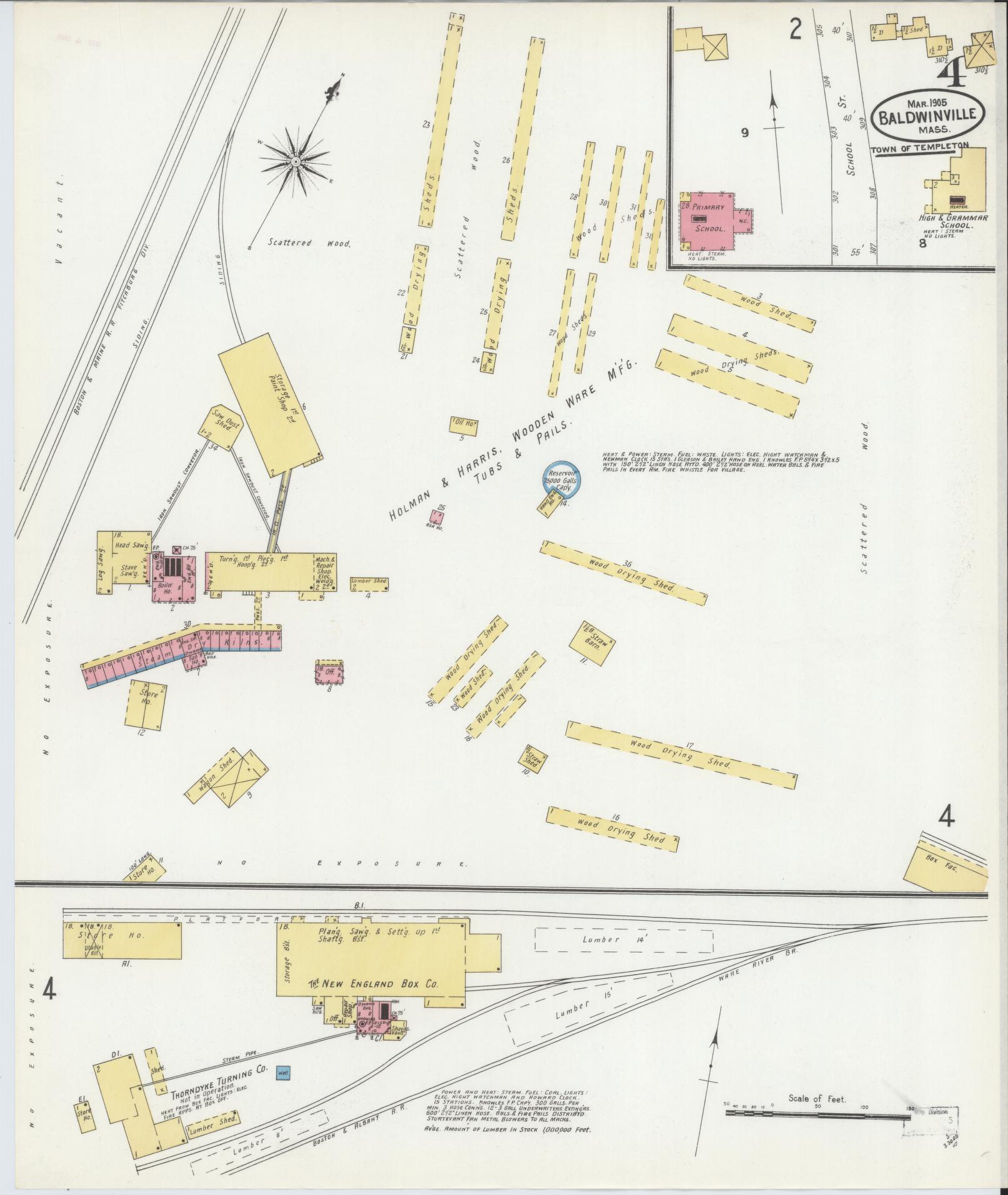 Sanborn Fire Insurance Map from Baldwinville, Worcester County, Massachusetts (1905), Sheet #0004 - Historic Sanborn Fire Insurance Map Print, vintage old map wall art, antique decor, genealogy gift, Massachusetts Massachusetts map