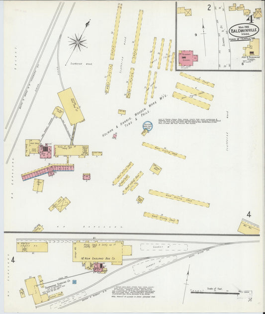 Sanborn Fire Insurance Map from Baldwinville, Worcester County, Massachusetts (1905), Sheet #0004 - Historic Sanborn Fire Insurance Map Print, vintage old map wall art, antique decor, genealogy gift, Massachusetts Massachusetts map