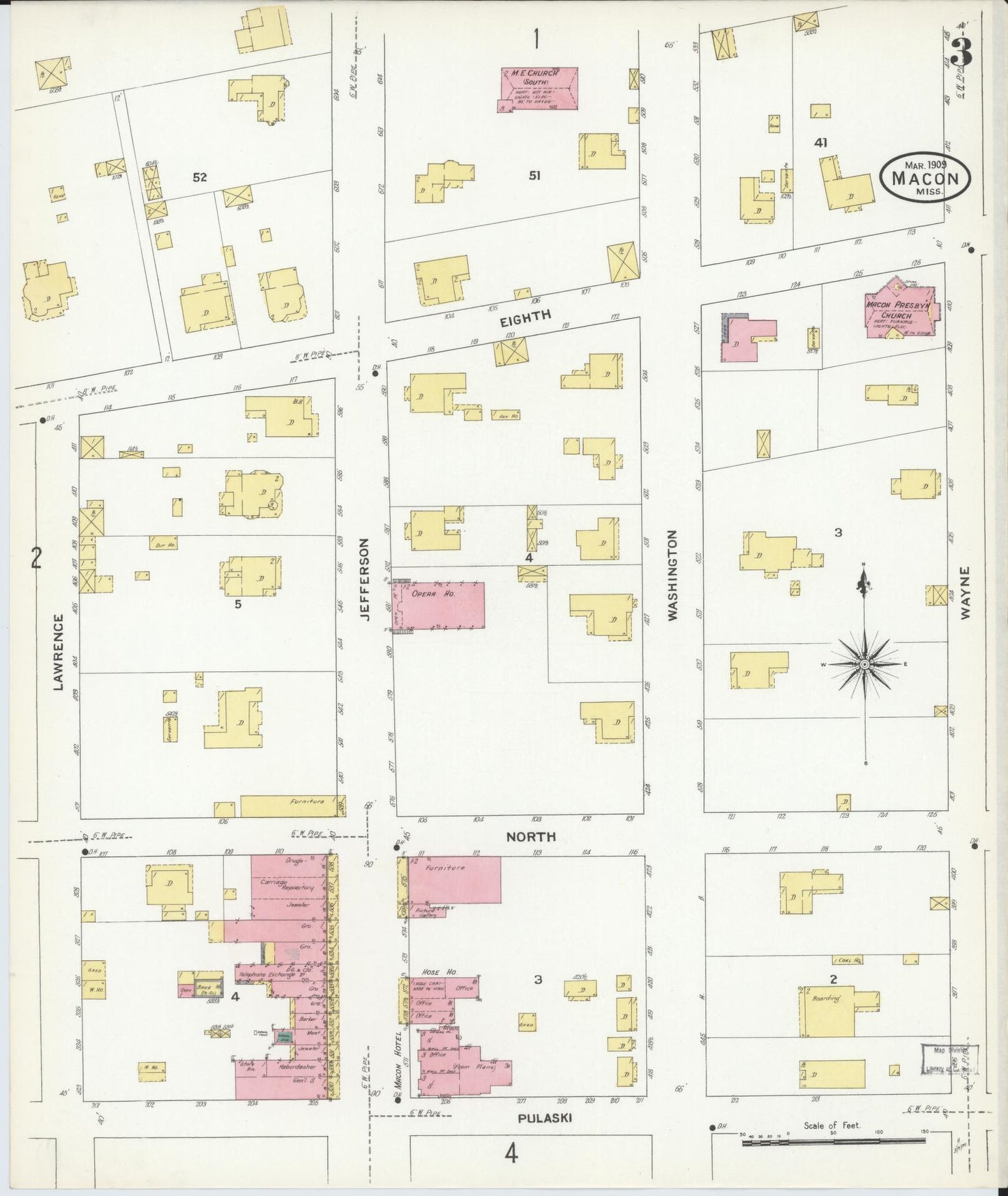 Sanborn Fire Insurance Map from Macon, Noxubee County, Mississippi (1909), Sheet #0003 - Historic Sanborn Fire Insurance Map Print, vintage old map wall art, antique decor, genealogy gift, Mississippi Mississippi map