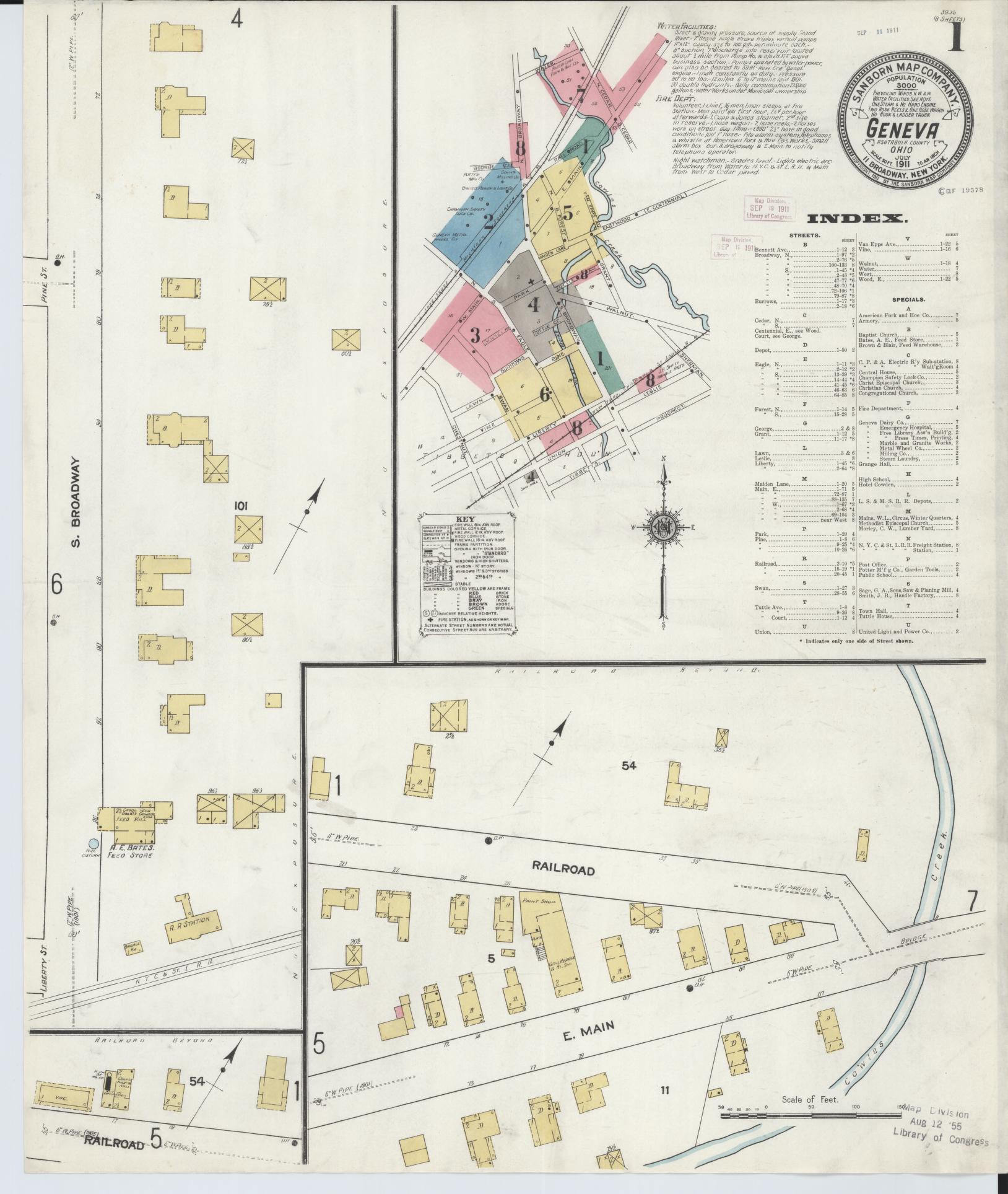 Sanborn Fire Insurance Map from Geneva, Ashtabula County, Ohio (1911), Sheet #0001 - Historic Sanborn Fire Insurance Map Print, vintage old map wall art, antique decor, genealogy gift, Ohio Ohio map
