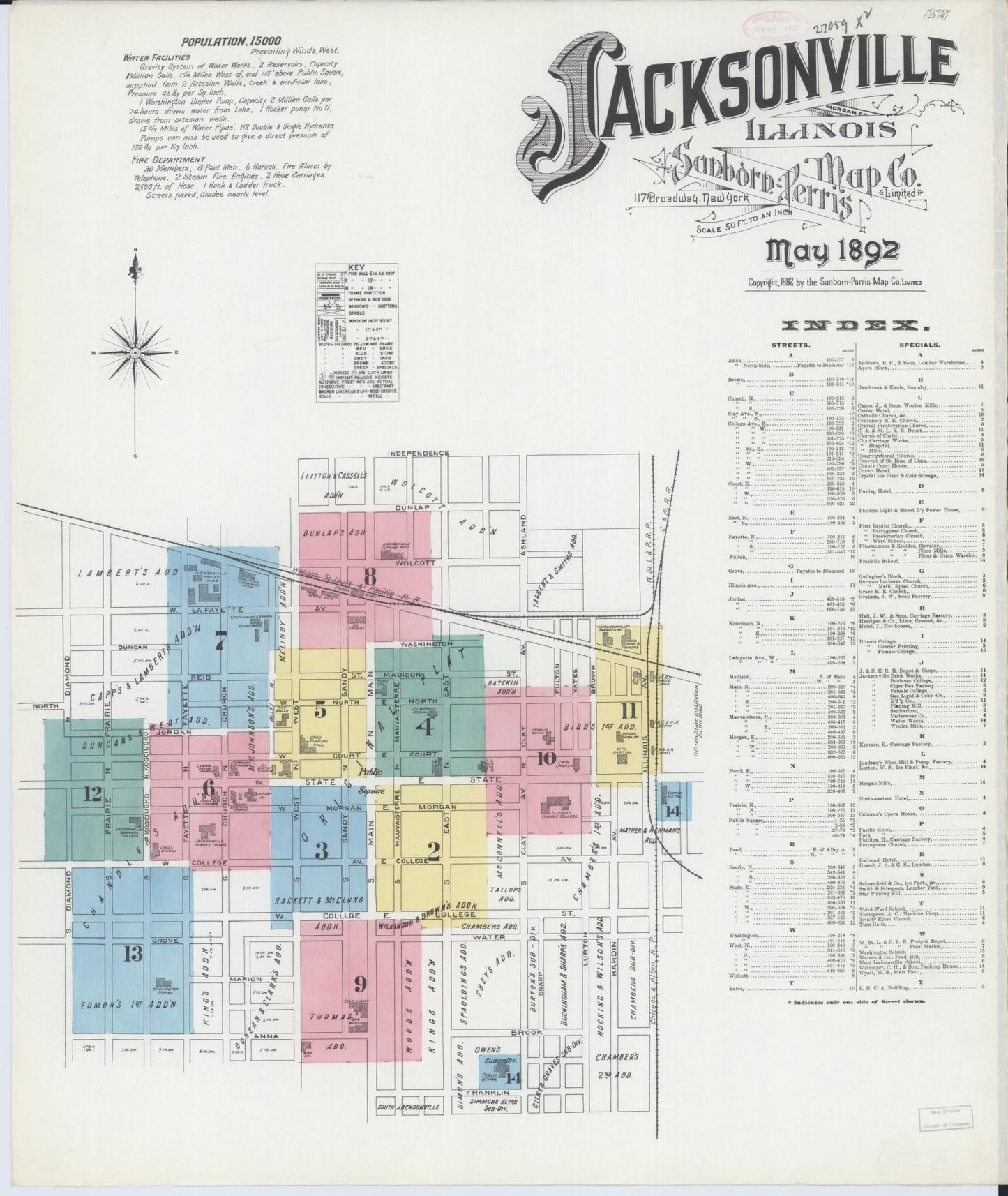 Sanborn Fire Insurance Map from Jacksonville, Morgan County, Illinois (1892), Sheet #0001 - Complete Map Set gallery image, historic Sanborn map, vintage wall art, Illinois Illinois