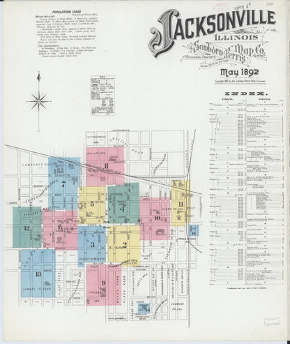 Sanborn Fire Insurance Map from Jacksonville, Morgan County, Illinois (1892), Sheet #0001 - Complete Map Set gallery image, historic Sanborn map, vintage wall art, Illinois Illinois