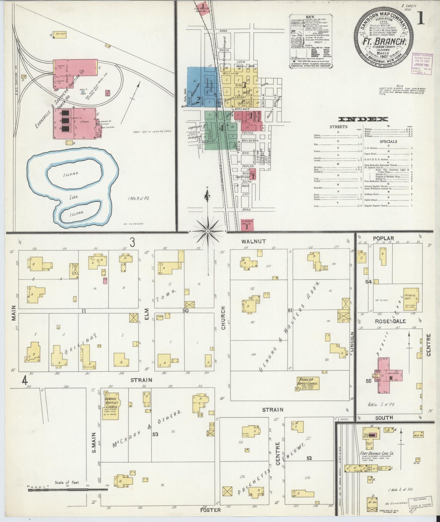 Sanborn Fire Insurance Map from Fort Branch, Gibson County, Indiana (1907), Sheet #0001 - Complete Map Set gallery image, historic Sanborn map, vintage wall art, Indiana Indiana