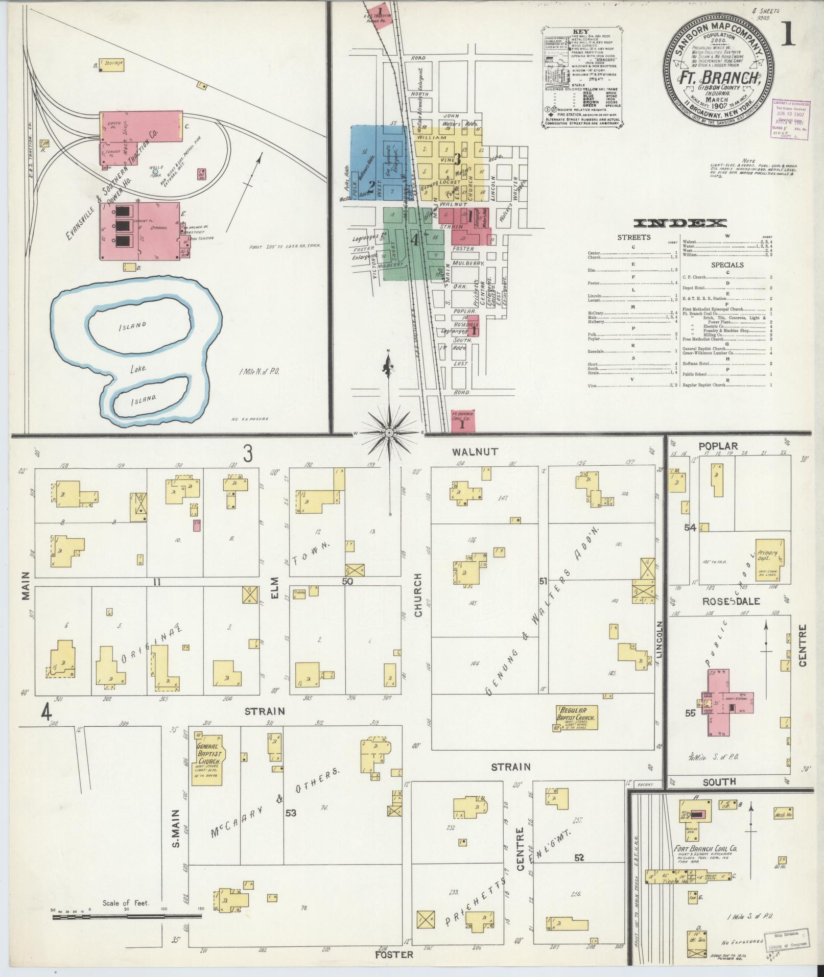 Sanborn Fire Insurance Map from Fort Branch, Gibson County, Indiana (1907), Sheet #0001 - Complete Map Set gallery image, historic Sanborn map, vintage wall art, Indiana Indiana