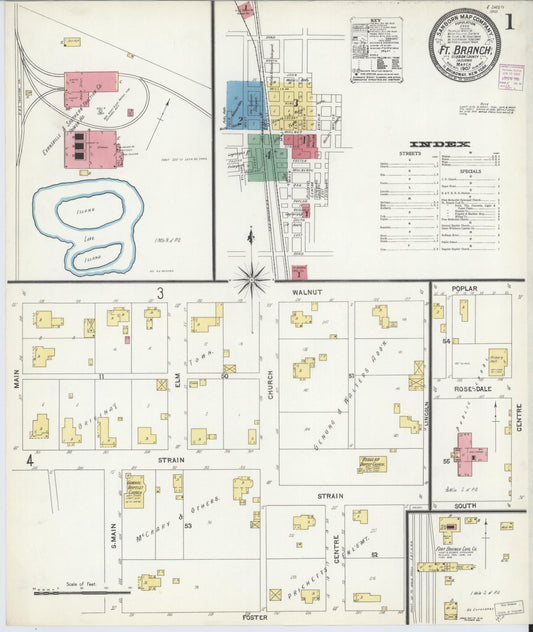 Sanborn Fire Insurance Map from Fort Branch, Gibson County, Indiana (1907), Sheet #0001 - Complete Map Set gallery image, historic Sanborn map, vintage wall art, Indiana Indiana
