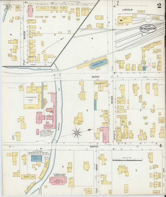 Sanborn Fire Insurance Map from Bennington, Bennington County, Vermont (1901), Sheet #0002 - Historic Sanborn Fire Insurance Map Print, vintage old map wall art, antique decor, genealogy gift, Vermont Vermont map