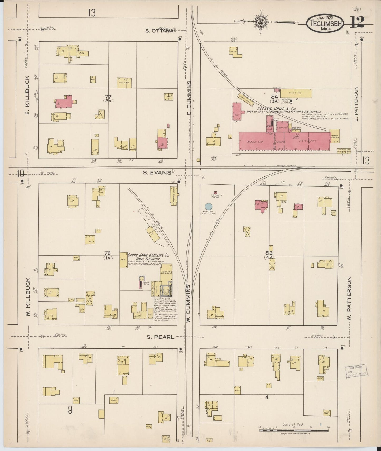 Sanborn Fire Insurance Map from Tecumseh, Lenawee County, Michigan (1922), Sheet #0012 - Historic Sanborn Fire Insurance Map Print, vintage old map wall art, antique decor, genealogy gift, Michigan Michigan map
