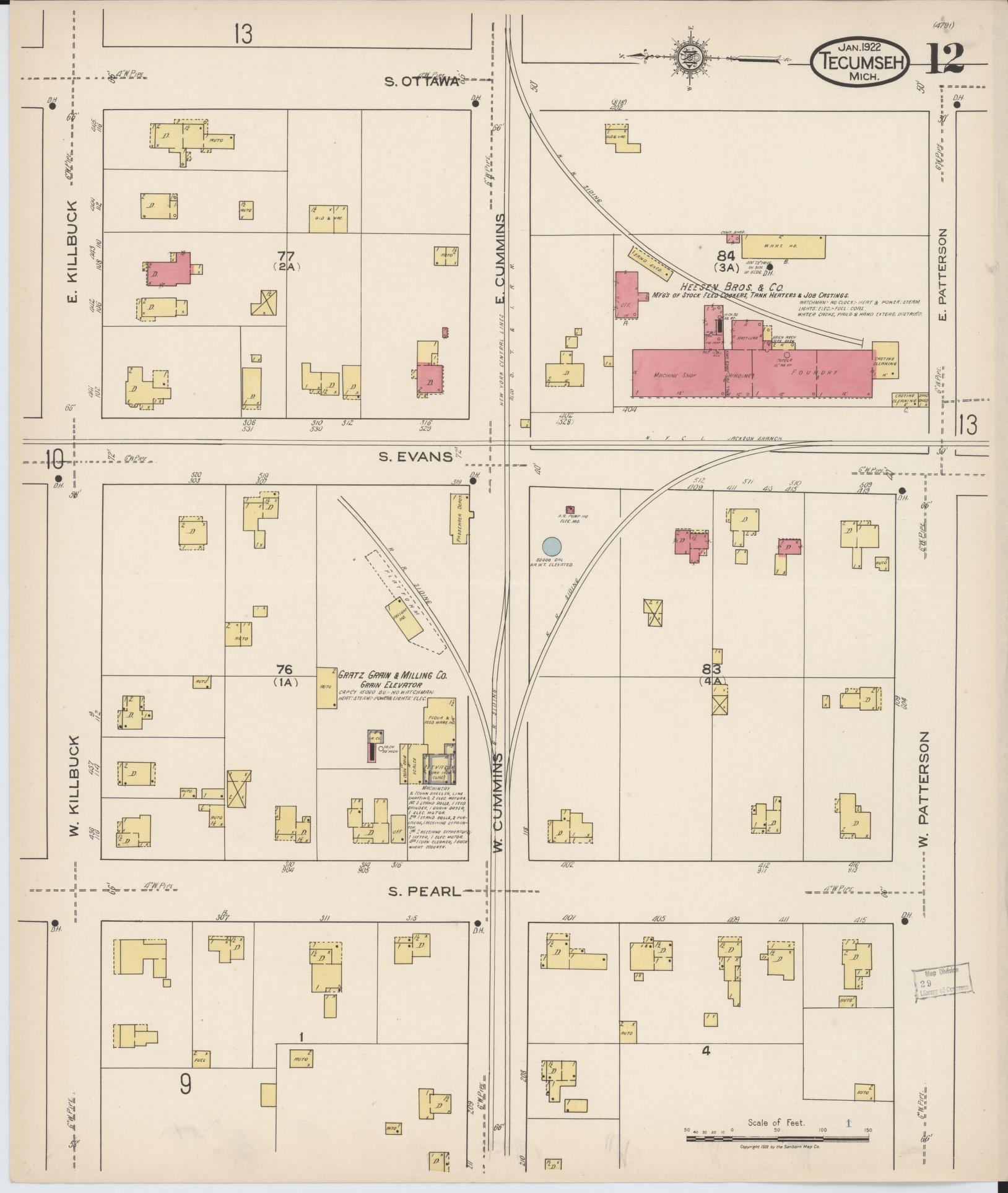 Sanborn Fire Insurance Map from Tecumseh, Lenawee County, Michigan (1922), Sheet #0012 - Historic Sanborn Fire Insurance Map Print, vintage old map wall art, antique decor, genealogy gift, Michigan Michigan map