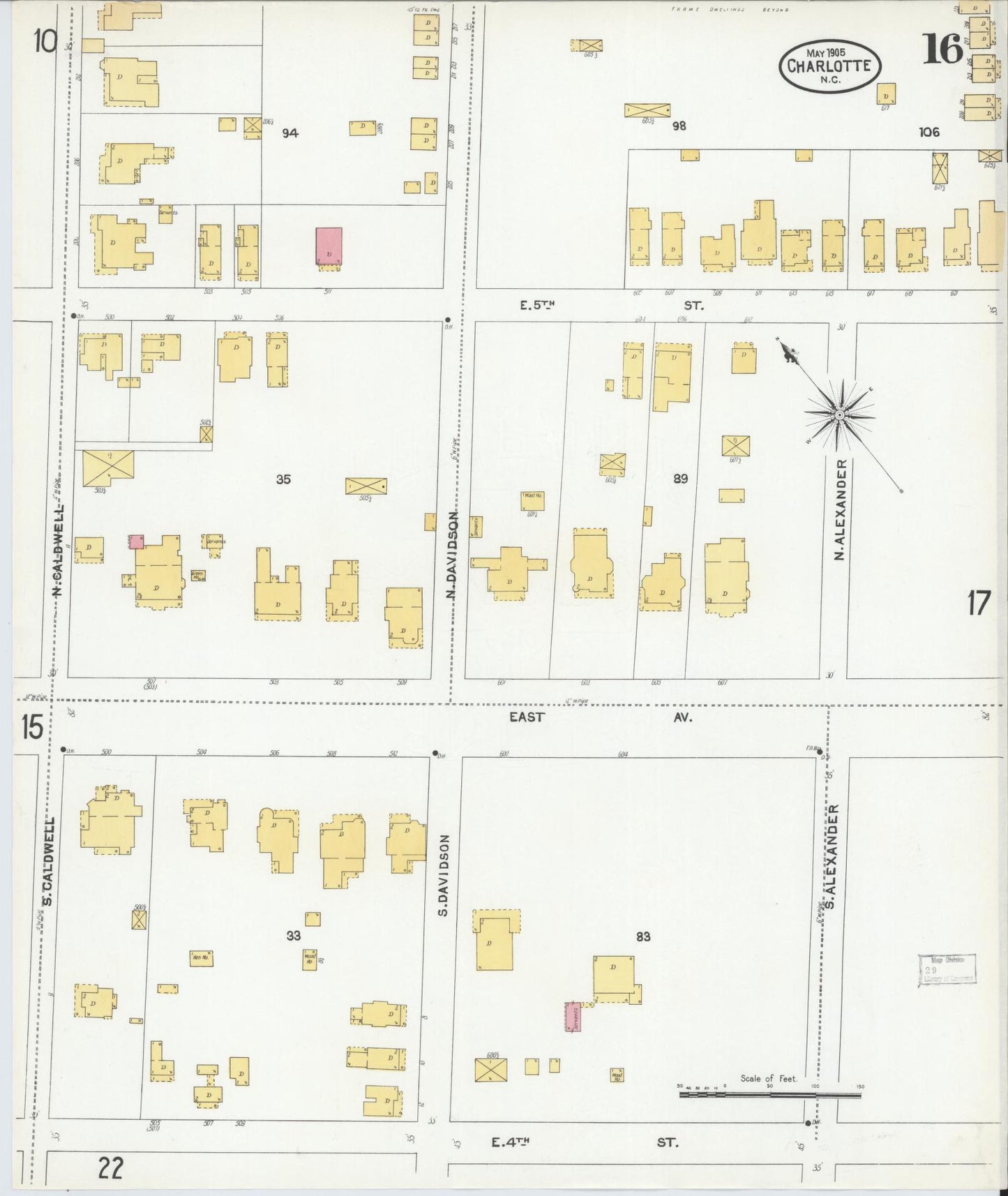 Sanborn Fire Insurance Map from Charlotte, Mecklenburg County, North Carolina (1905), Sheet #0016 - Historic Sanborn Fire Insurance Map Print, vintage old map wall art, antique decor, genealogy gift, North Carolina North Carolina map