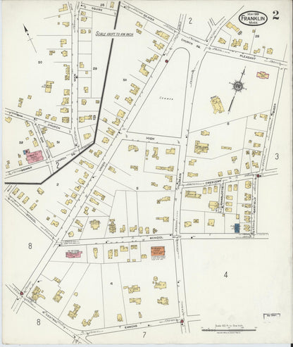 Sanborn Fire Insurance Map from Franklin, Norfolk County, Massachusetts (1919), Sheet #0002 - Historic Sanborn Fire Insurance Map Print, vintage old map wall art, antique decor, genealogy gift, Massachusetts Massachusetts map