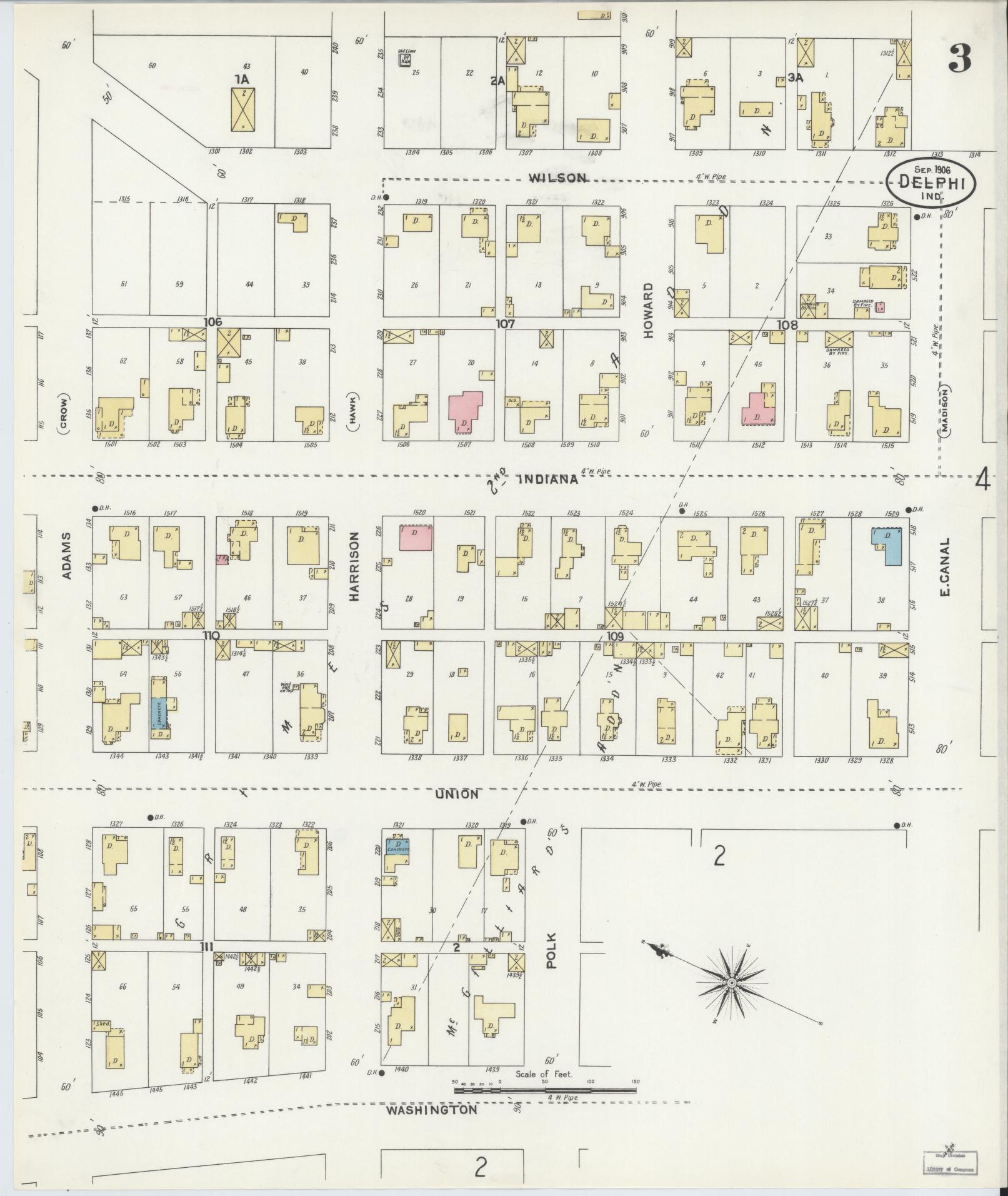 Sanborn Fire Insurance Map from Delphi, Carroll County, Indiana (1906), Sheet #0003 - Complete Map Set gallery image, historic Sanborn map, vintage wall art, Indiana Indiana