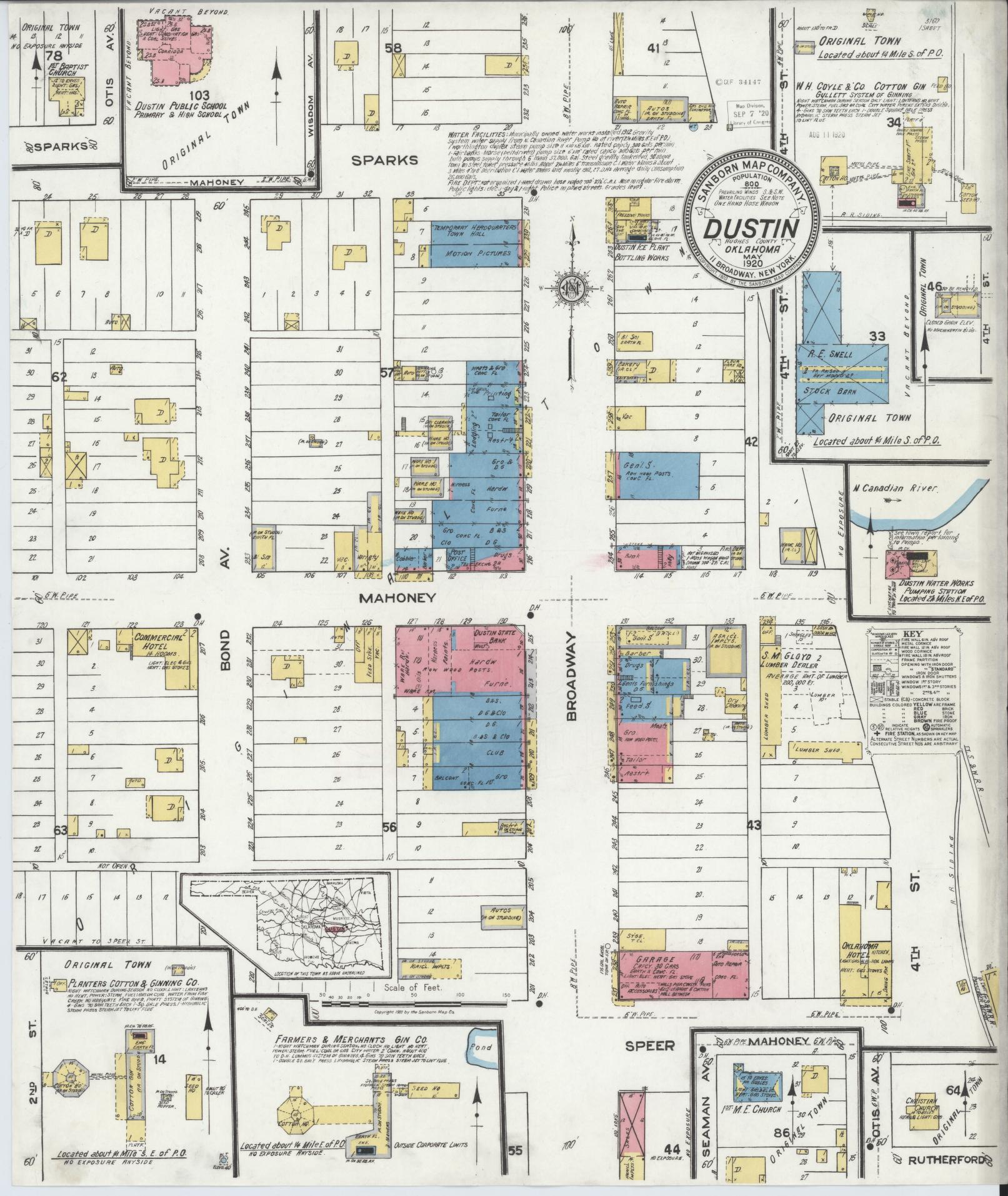 Sanborn Fire Insurance Map from Dustin, Hughes County, Oklahoma (1920), Sheet #0001 - Historic Sanborn Fire Insurance Map Print, vintage old map wall art, antique decor, genealogy gift, Oklahoma Oklahoma map