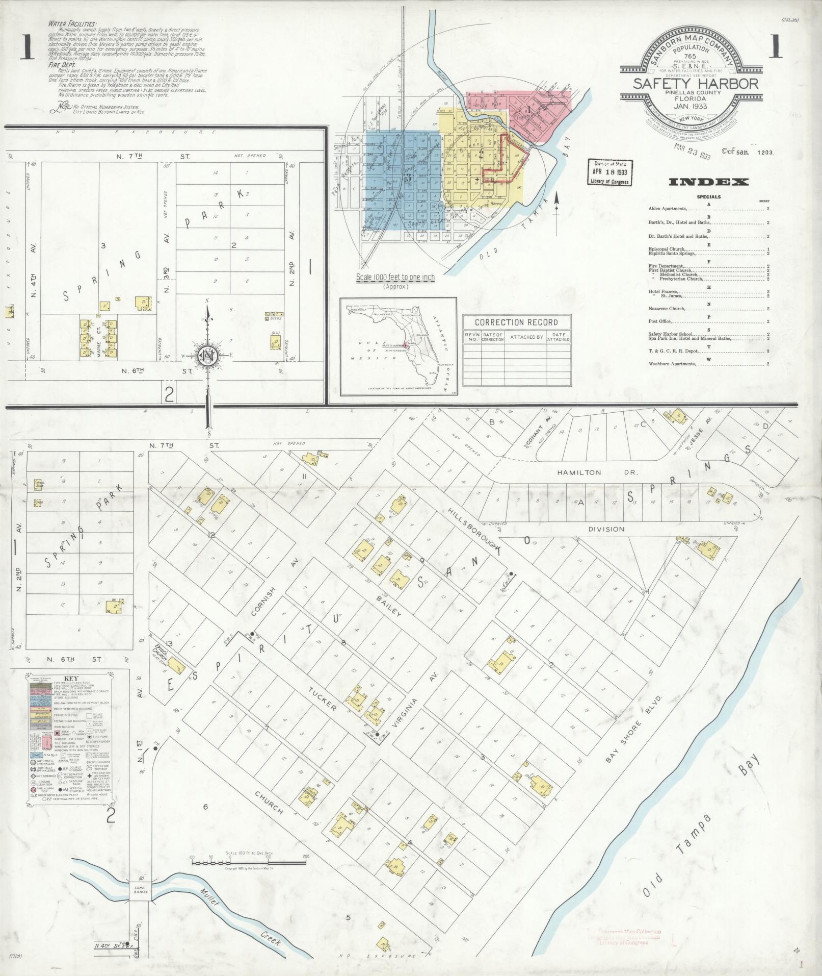 Sanborn Fire Insurance Map from Safety Harbor, Pinellas County, Florida (1933), Sheet #0001 - Complete Map Set gallery image, historic Sanborn map, vintage wall art, Florida Florida