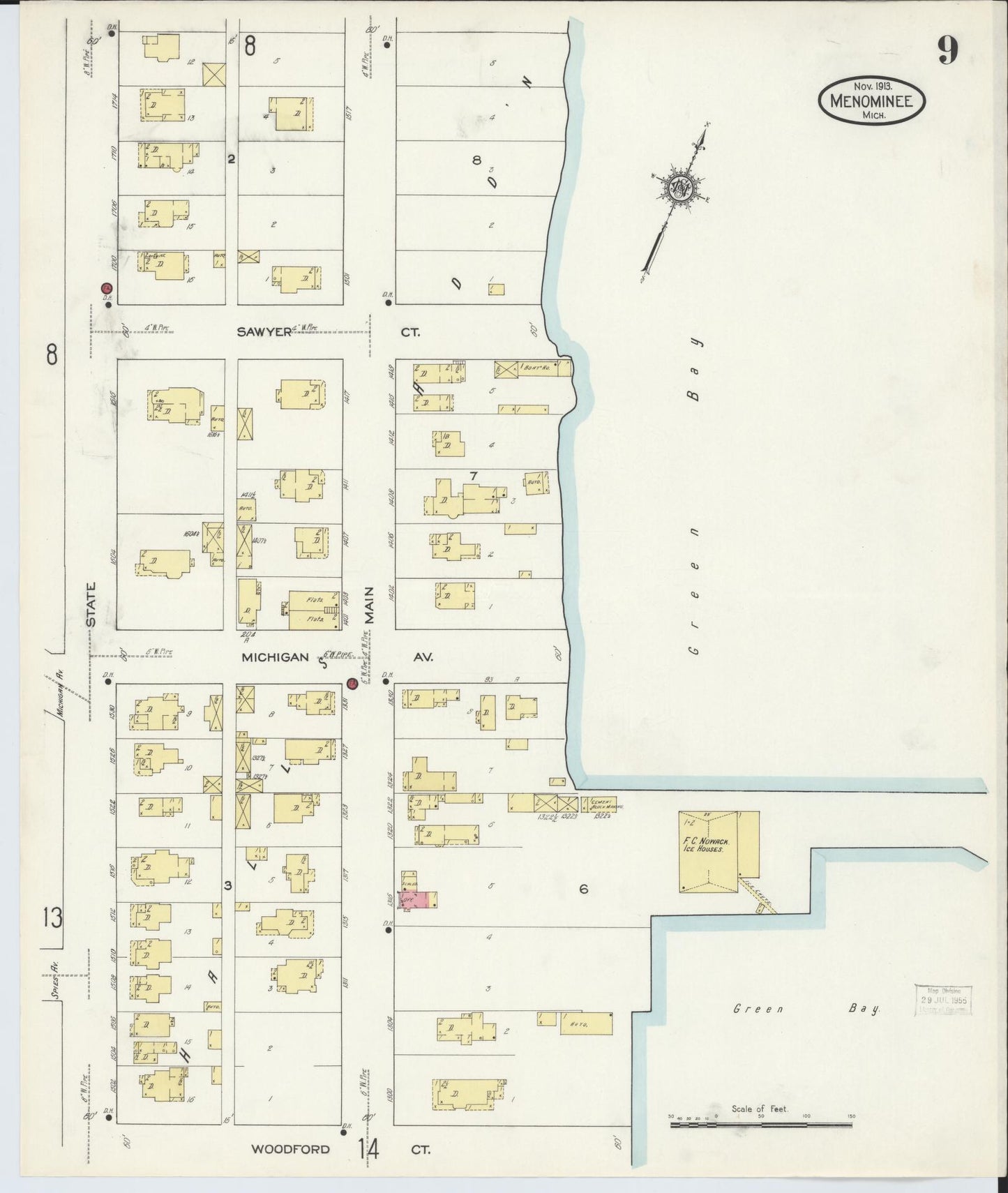 Sanborn Fire Insurance Map from Menominee, Menominee County, Michigan (1913), Sheet #0009 - Complete Map Set gallery image, historic Sanborn map, vintage wall art, Michigan Michigan