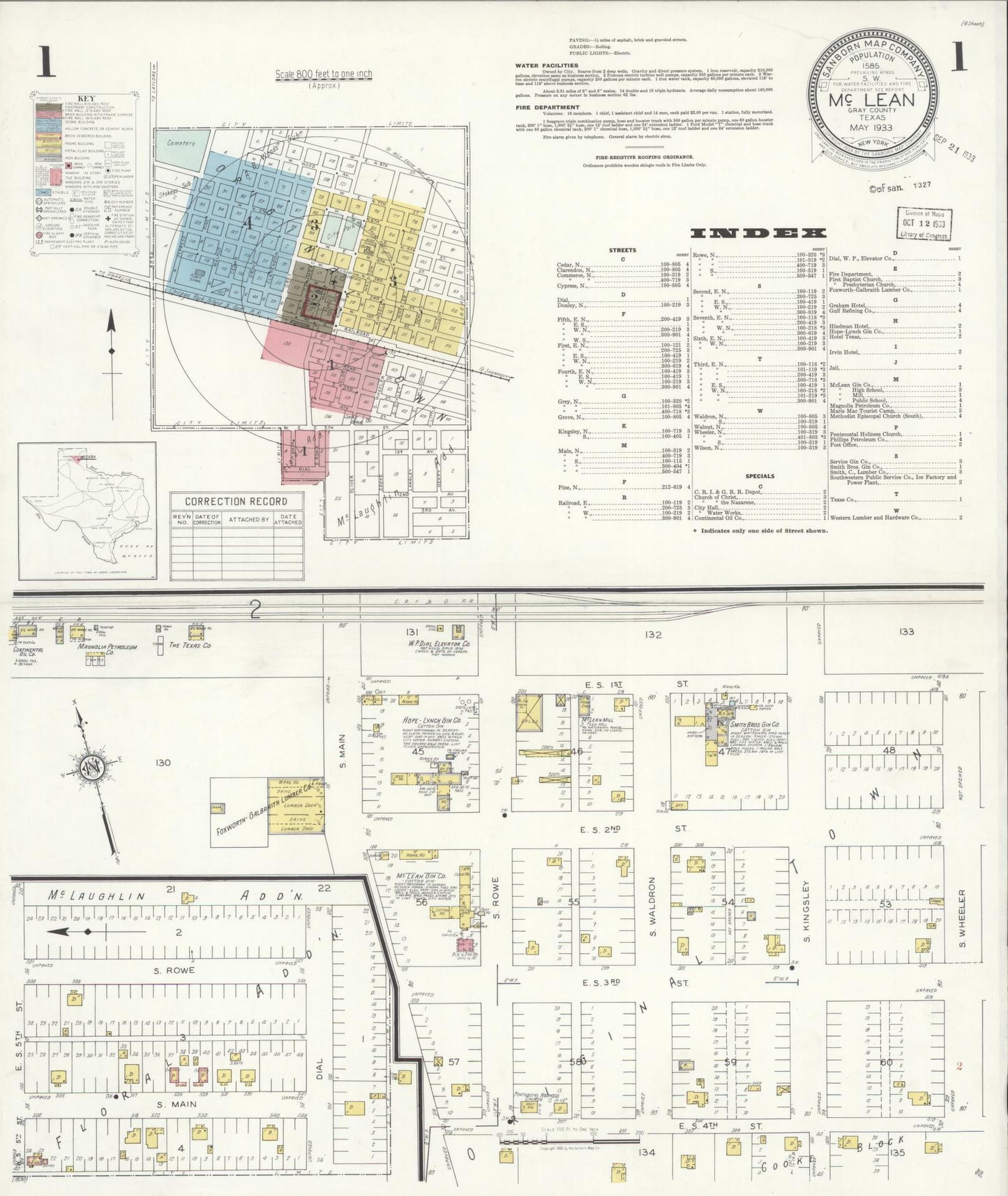 Sanborn Fire Insurance Map from McLean, Gray County, Texas (1933), Sheet #0001 - Historic Sanborn Fire Insurance Map Print, vintage old map wall art, antique decor, genealogy gift, Texas Texas map