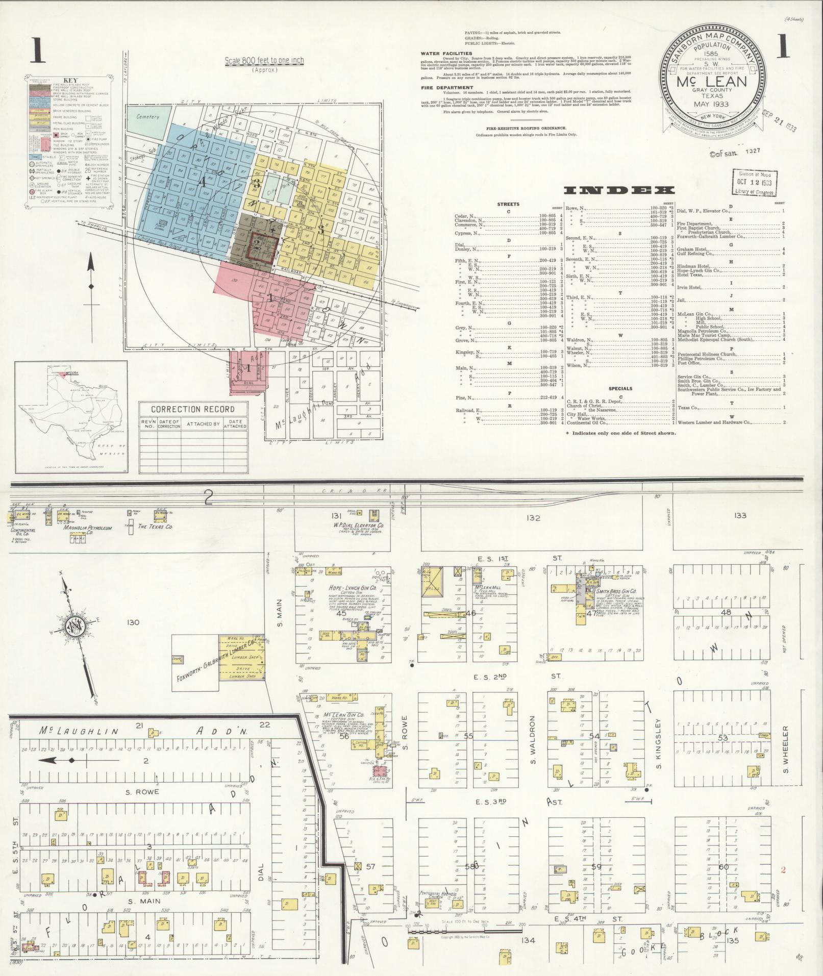 Sanborn Fire Insurance Map from McLean, Gray County, Texas (1933), Sheet #0001 - Historic Sanborn Fire Insurance Map Print, vintage old map wall art, antique decor, genealogy gift, Texas Texas map