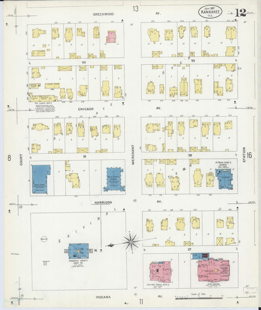 Sanborn Fire Insurance Map from Kankakee, Kankakee County, Illinois (1907), Sheet #0012 - Historic Sanborn Fire Insurance Map Print, vintage old map wall art, antique decor, genealogy gift, Illinois Illinois map