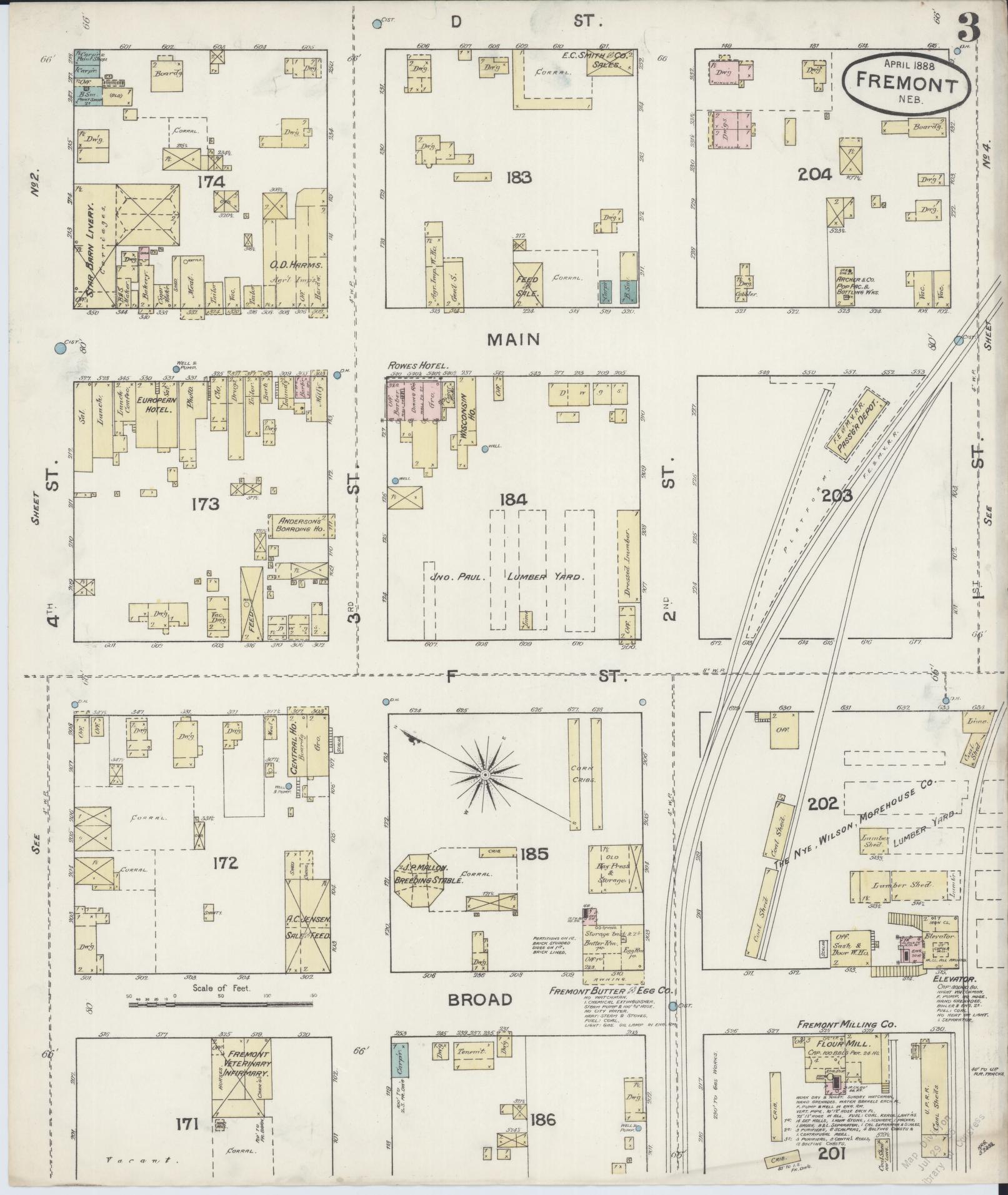 Sanborn Fire Insurance Map from Fremont, Dodge County, Nebraska (1888), Sheet #0003 - Historic Sanborn Fire Insurance Map Print, vintage old map wall art, antique decor, genealogy gift, Nebraska Nebraska map