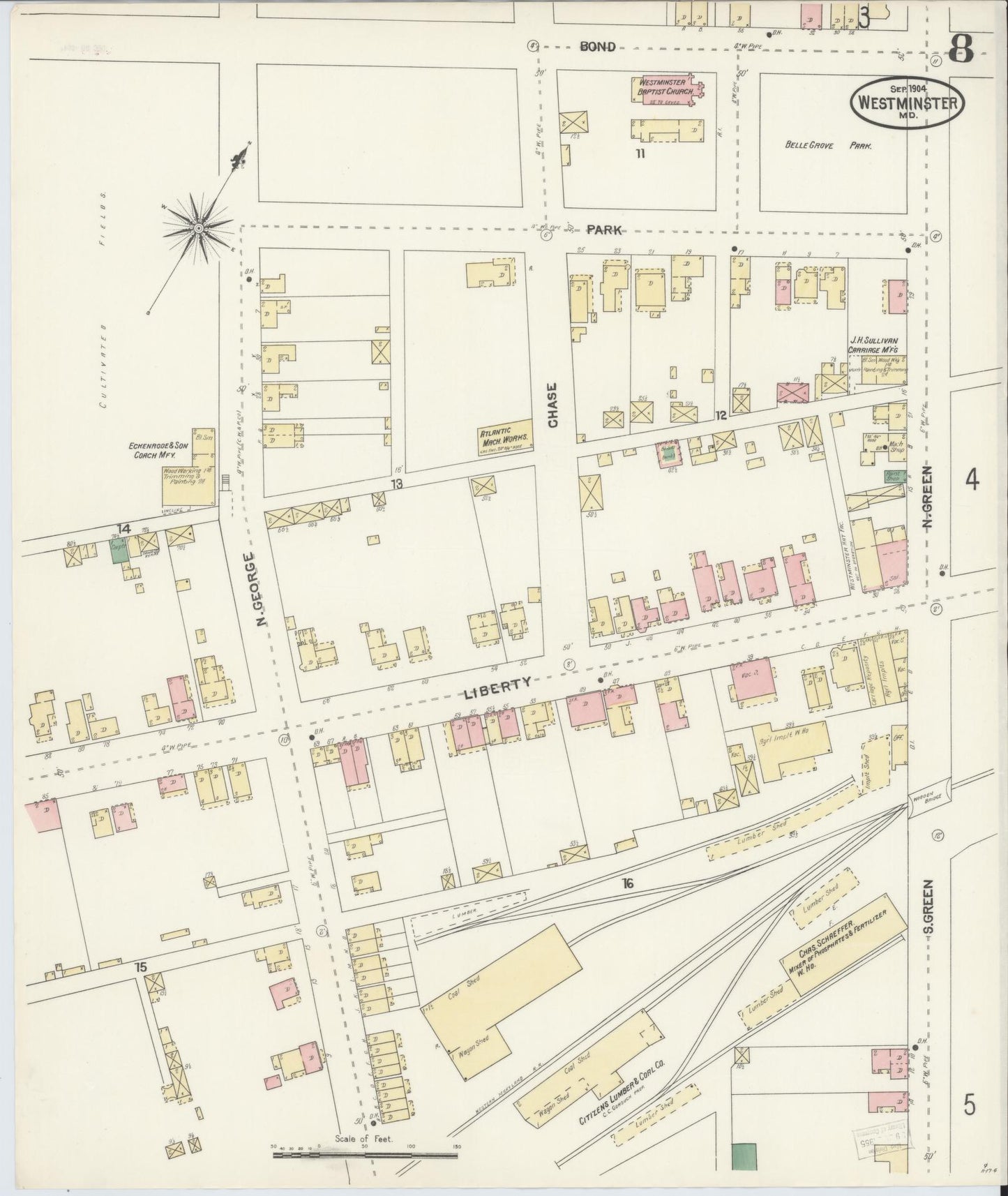Sanborn Fire Insurance Map from Westminster, Carroll County, Maryland (1904), Sheet #0008 - Historic Sanborn Fire Insurance Map Print, vintage old map wall art, antique decor, genealogy gift, Maryland Maryland map