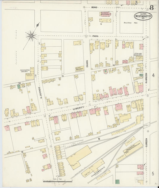 Sanborn Fire Insurance Map from Westminster, Carroll County, Maryland (1904), Sheet #0008 - Historic Sanborn Fire Insurance Map Print, vintage old map wall art, antique decor, genealogy gift, Maryland Maryland map
