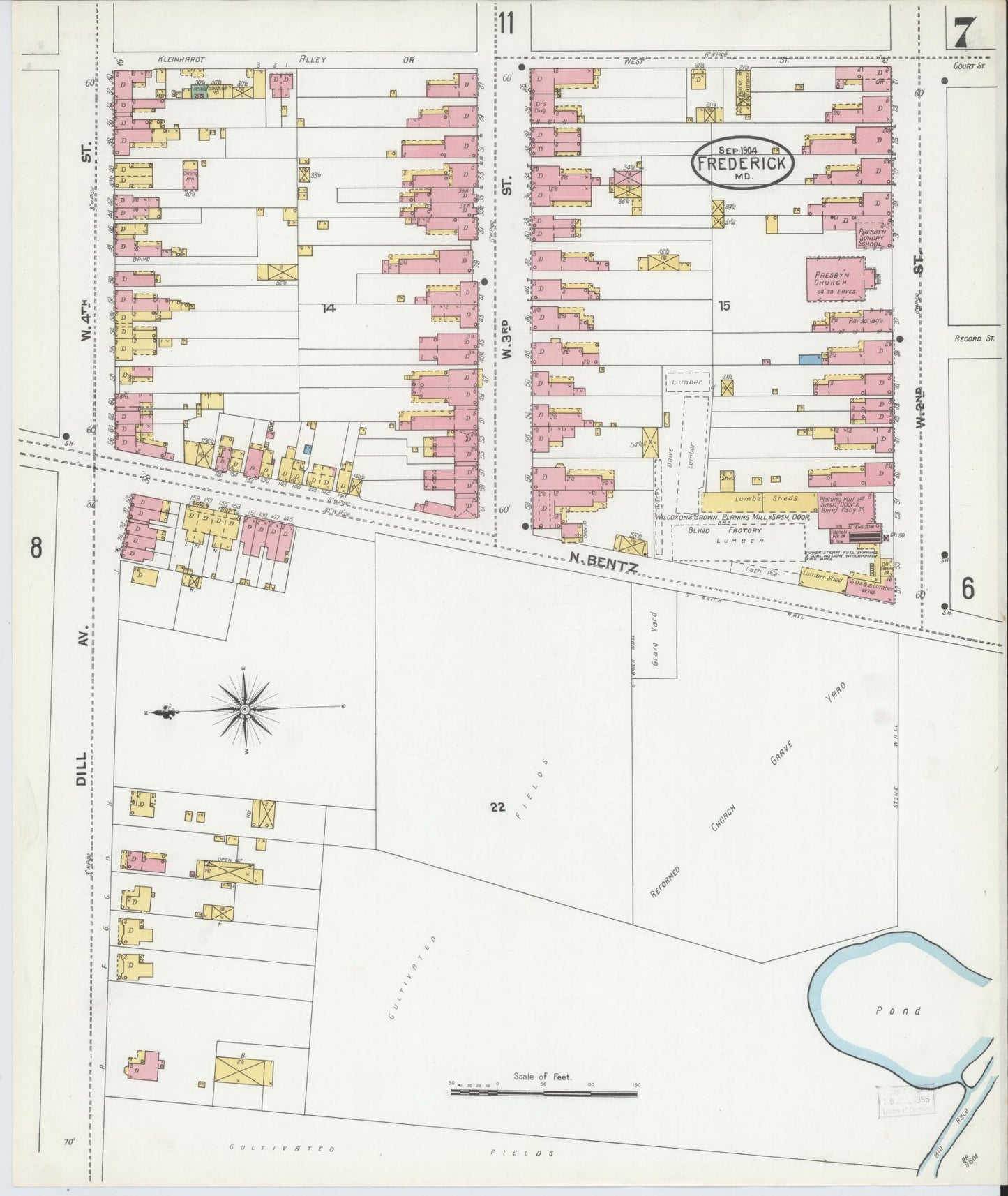 Sanborn Fire Insurance Map from Frederick, Frederick County, Maryland (1904), Sheet #0007 - Historic Sanborn Fire Insurance Map Print, vintage old map wall art