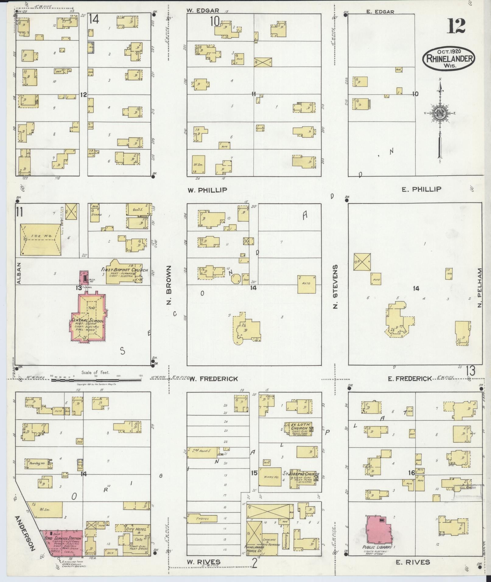 Sanborn Fire Insurance Map from Rhinelander, Oneida County, Wisconsin (1920), Sheet #0012 - Historic Sanborn Fire Insurance Map Print, vintage old map wall art, antique decor, genealogy gift, Wisconsin Wisconsin map