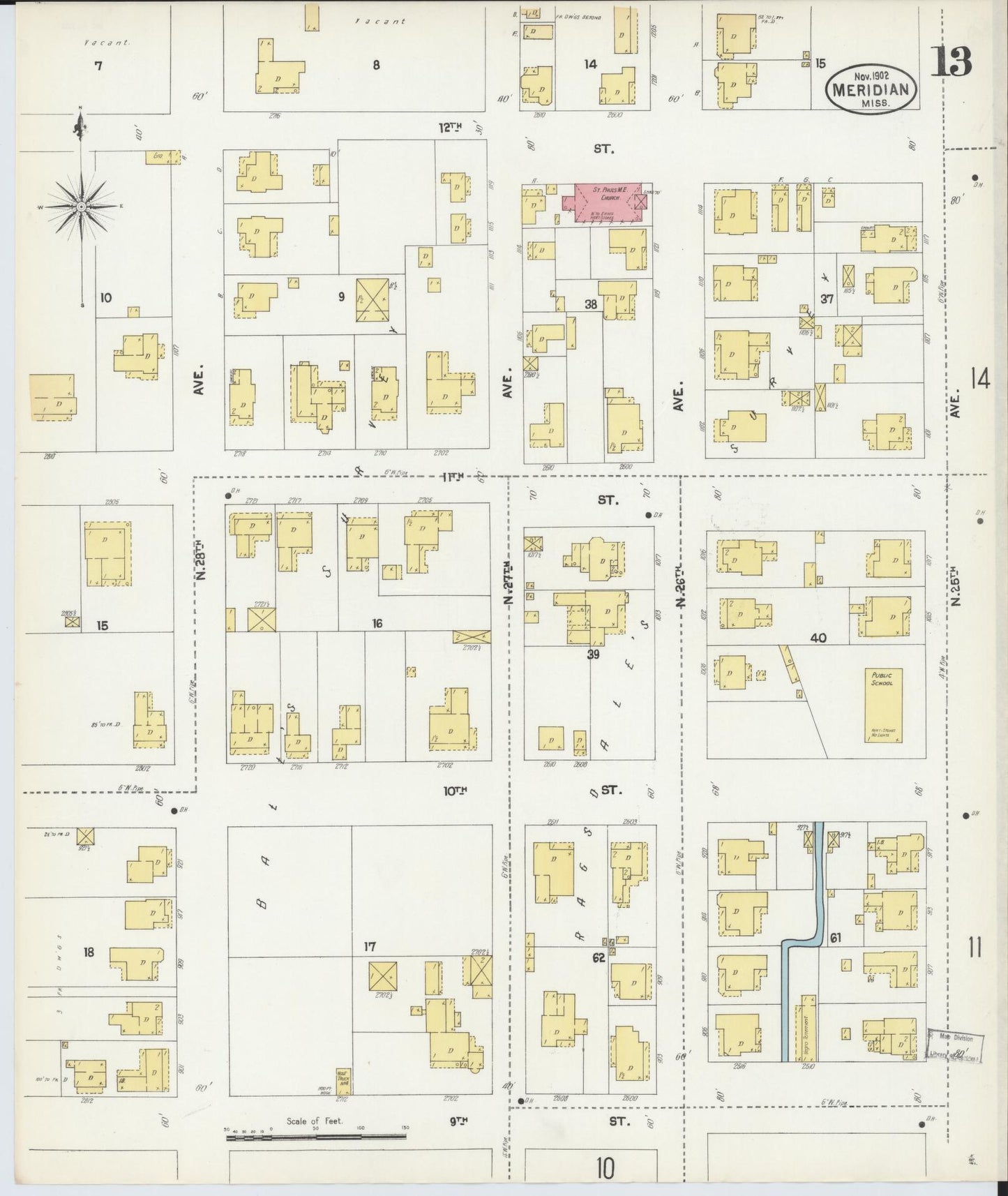 Sanborn Fire Insurance Map from Meridian, Lauderdale County, Mississippi (1902), Sheet #0013 - Complete Map Set gallery image, historic Sanborn map, vintage wall art, Mississippi Mississippi