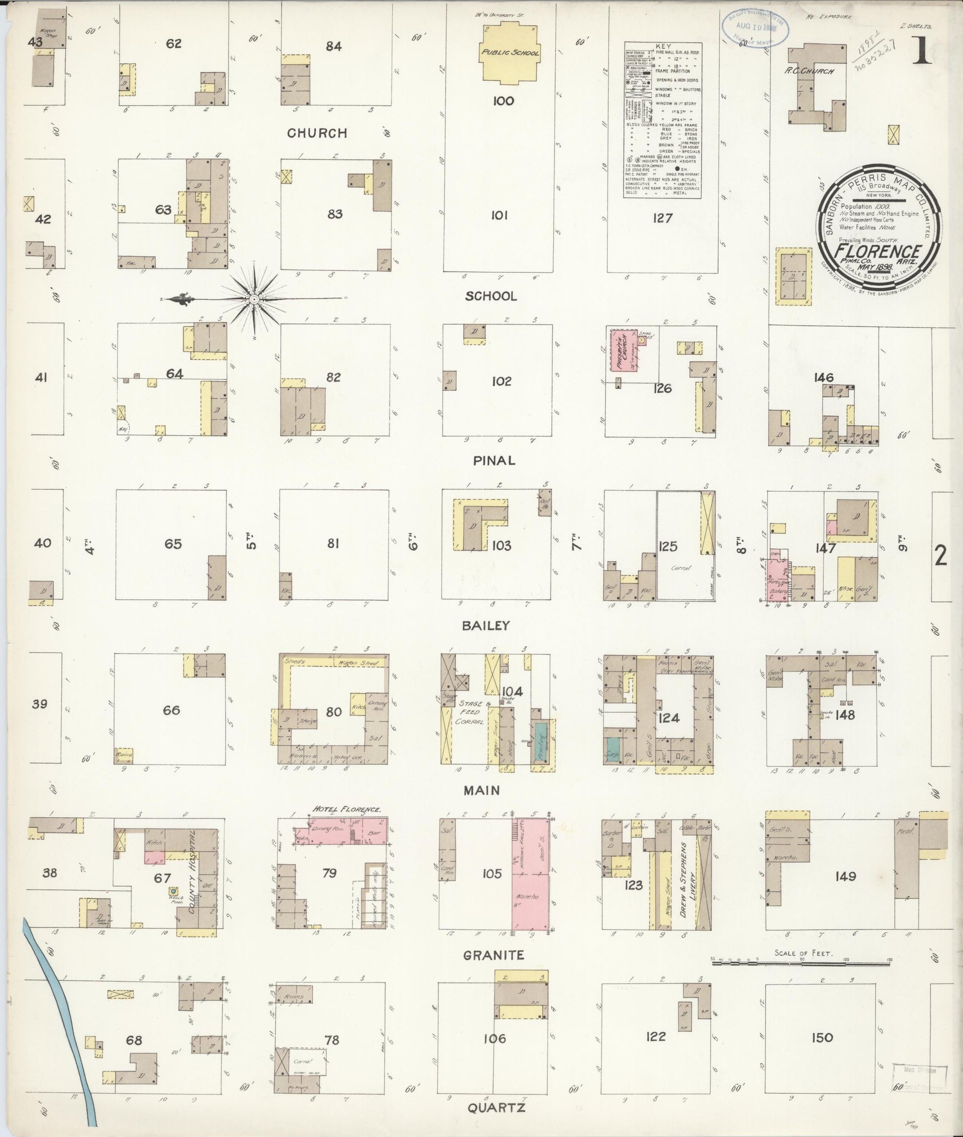 Sanborn Fire Insurance Map from Florence, Pinal County, Arizona (1898), Sheet #0001 - Historic Sanborn Fire Insurance Map Print, vintage old map wall art, antique decor, genealogy gift, Arizona Arizona map