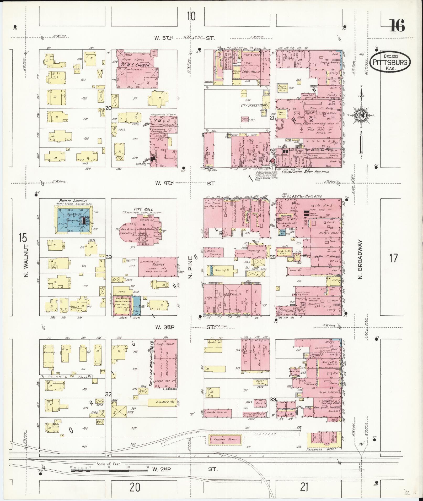 Sanborn Fire Insurance Map from Pittsburg, Crawford County, Kansas (1913), Sheet #0016 - Historic Sanborn Fire Insurance Map Print, vintage old map wall art, antique decor, genealogy gift, Kansas Kansas map