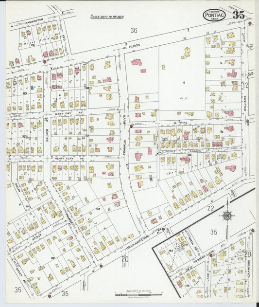 Sanborn Fire Insurance Map from Pontiac, Oakland County, Michigan (1919), Sheet #0035 - Historic Sanborn Fire Insurance Map Print, vintage old map wall art, antique decor, genealogy gift, Michigan Michigan map