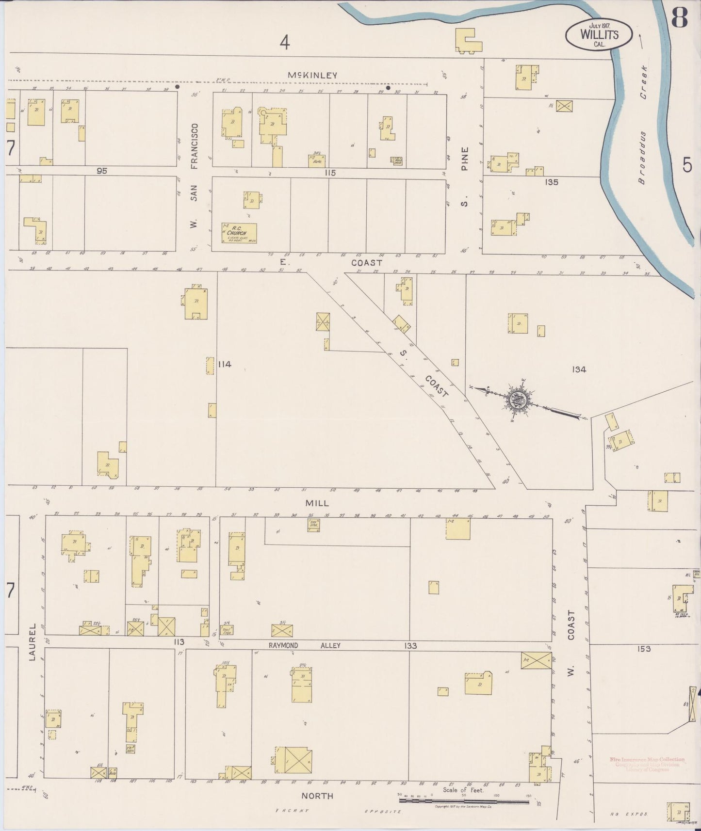 Sanborn Fire Insurance Map from Willits, Mendocino County, California (1917), Sheet #0008 - Complete Map Set gallery image, historic Sanborn map, vintage wall art, California California