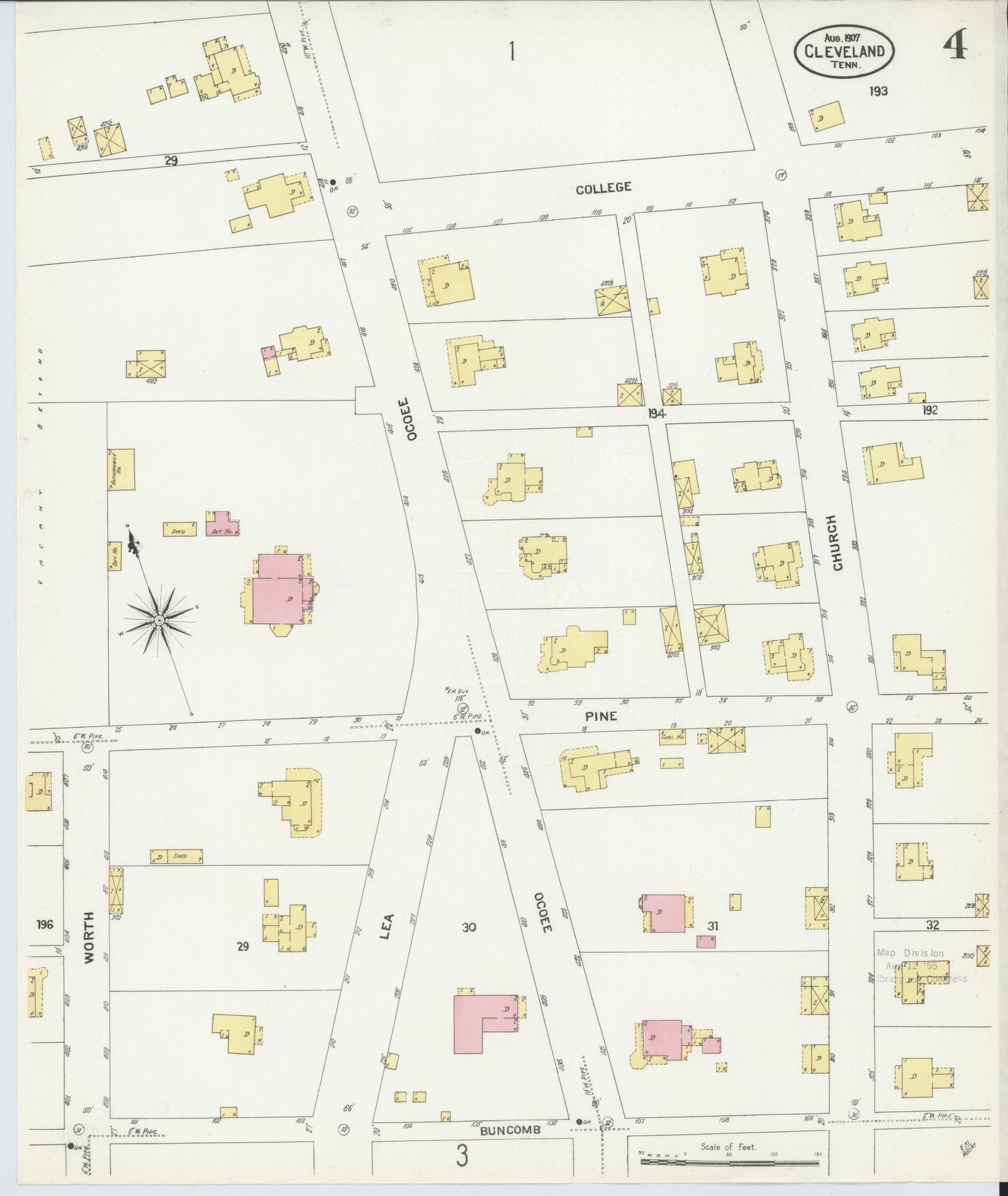 Sanborn Fire Insurance Map from Cleveland, Bradley County, Tennessee (1907), Sheet #0004 - Complete Map Set gallery image, historic Sanborn map, vintage wall art, Tennessee Tennessee