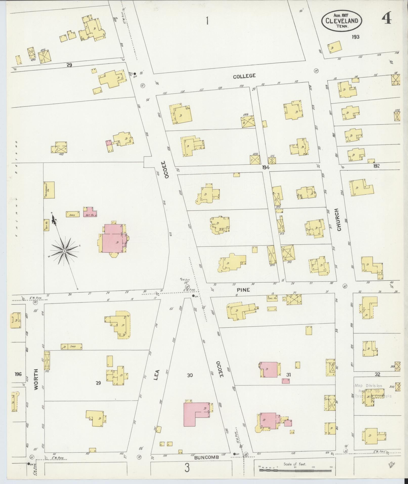 Sanborn Fire Insurance Map from Cleveland, Bradley County, Tennessee (1907), Sheet #0004 - Complete Map Set gallery image, historic Sanborn map, vintage wall art, Tennessee Tennessee