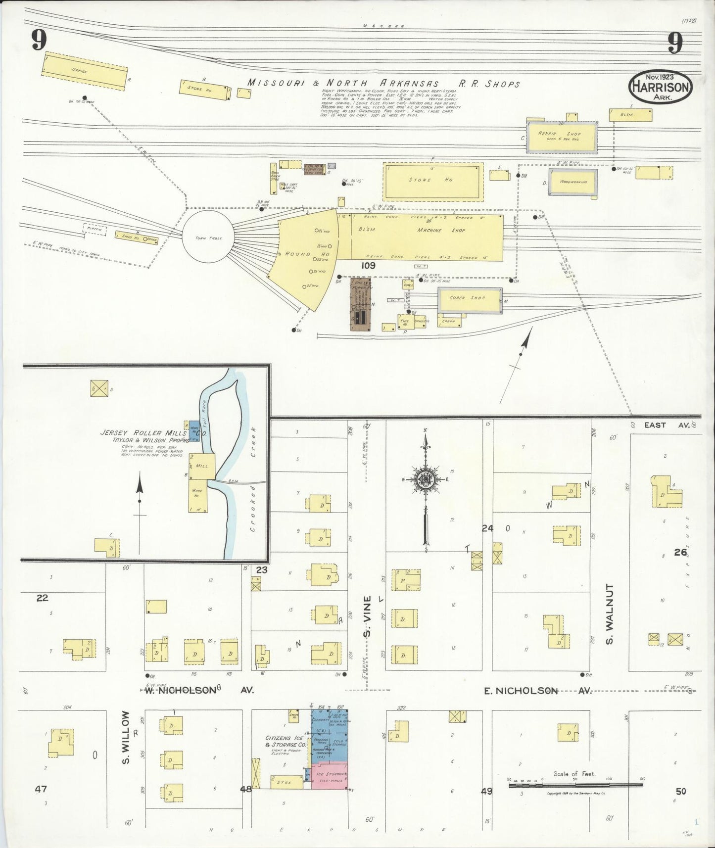Sanborn Fire Insurance Map from Harrison, Boone County, Arkansas (1923), Sheet #0009 - Historic Sanborn Fire Insurance Map Print, vintage old map wall art, antique decor, genealogy gift, Arkansas Arkansas map