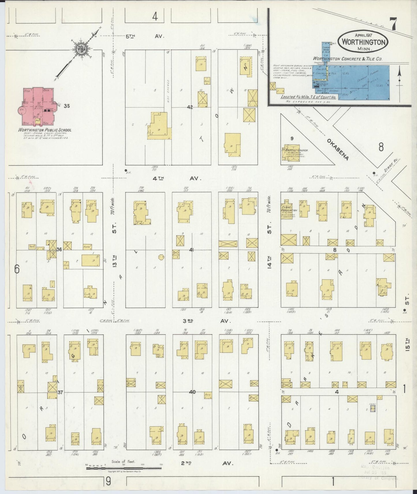 Sanborn Fire Insurance Map from Worthington, Nobles County, Minnesota (1917), Sheet #0007 - Historic Sanborn Fire Insurance Map Print, vintage old map wall art, antique decor, genealogy gift, Minnesota Minnesota map