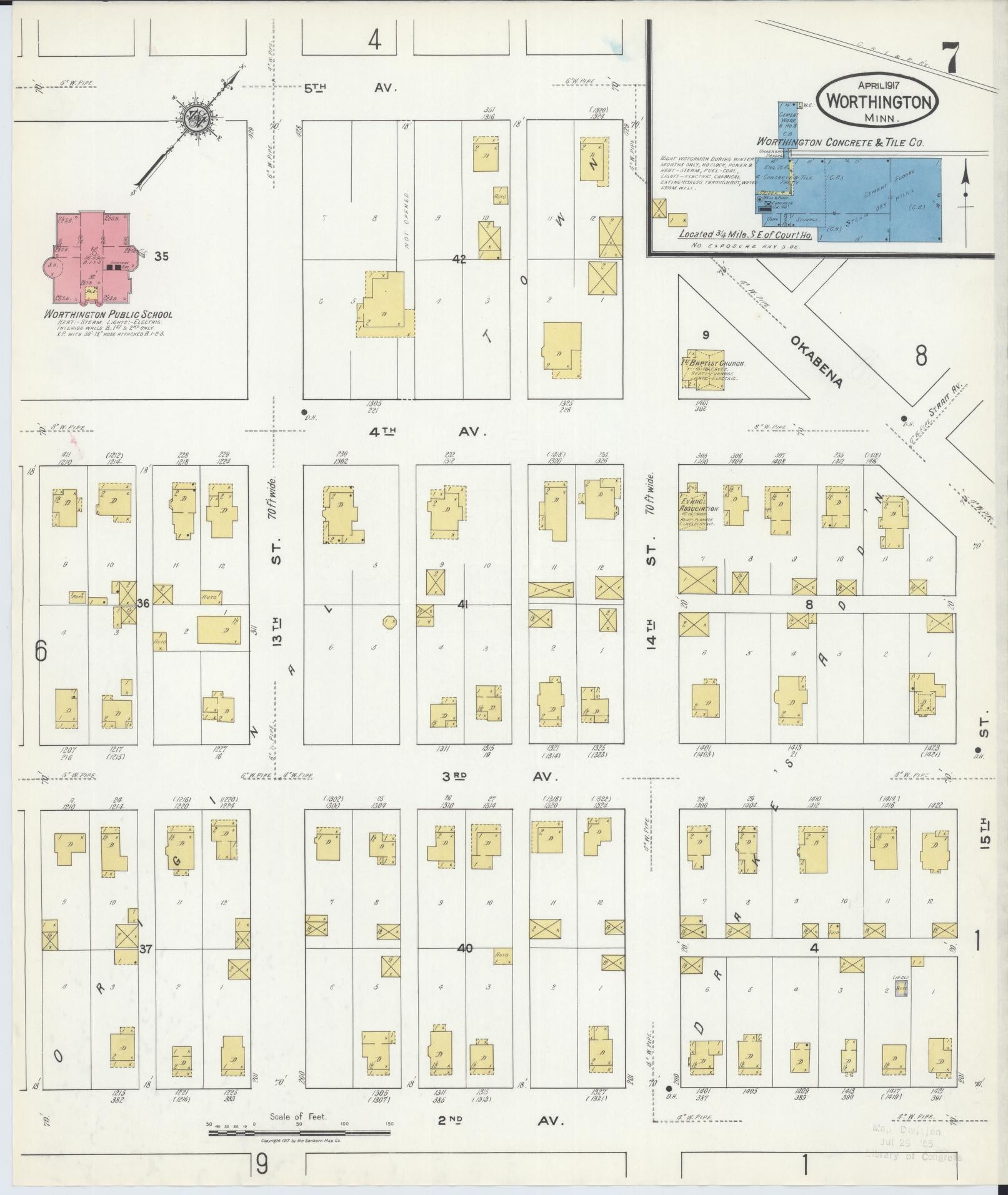 Sanborn Fire Insurance Map from Worthington, Nobles County, Minnesota (1917), Sheet #0007 - Historic Sanborn Fire Insurance Map Print, vintage old map wall art, antique decor, genealogy gift, Minnesota Minnesota map