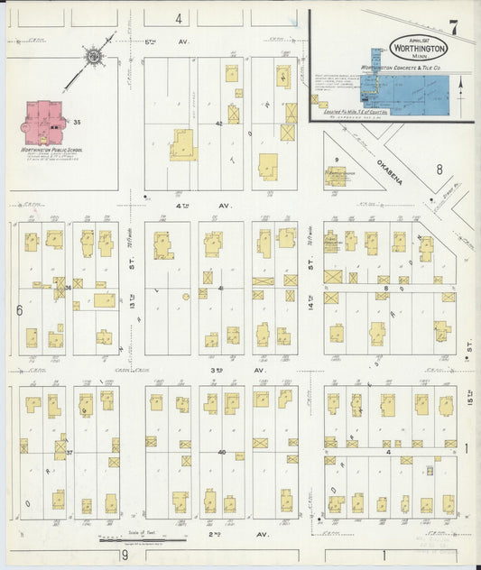 Sanborn Fire Insurance Map from Worthington, Nobles County, Minnesota (1917), Sheet #0007 - Historic Sanborn Fire Insurance Map Print, vintage old map wall art, antique decor, genealogy gift, Minnesota Minnesota map