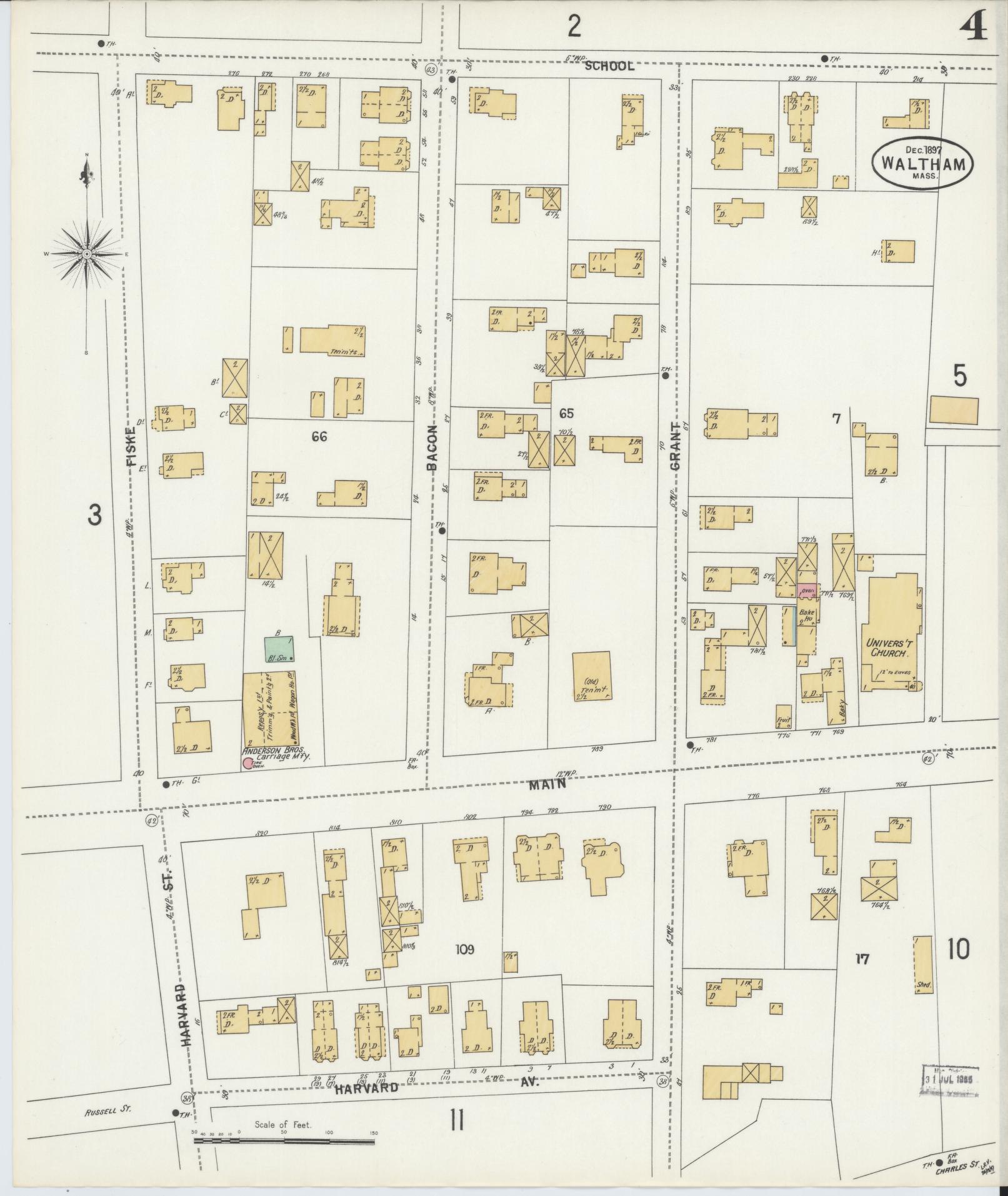 Sanborn Fire Insurance Map from Waltham, Middlesex County, Massachusetts (1897), Sheet #0004 - Complete Map Set gallery image, historic Sanborn map, vintage wall art, Massachusetts Massachusetts