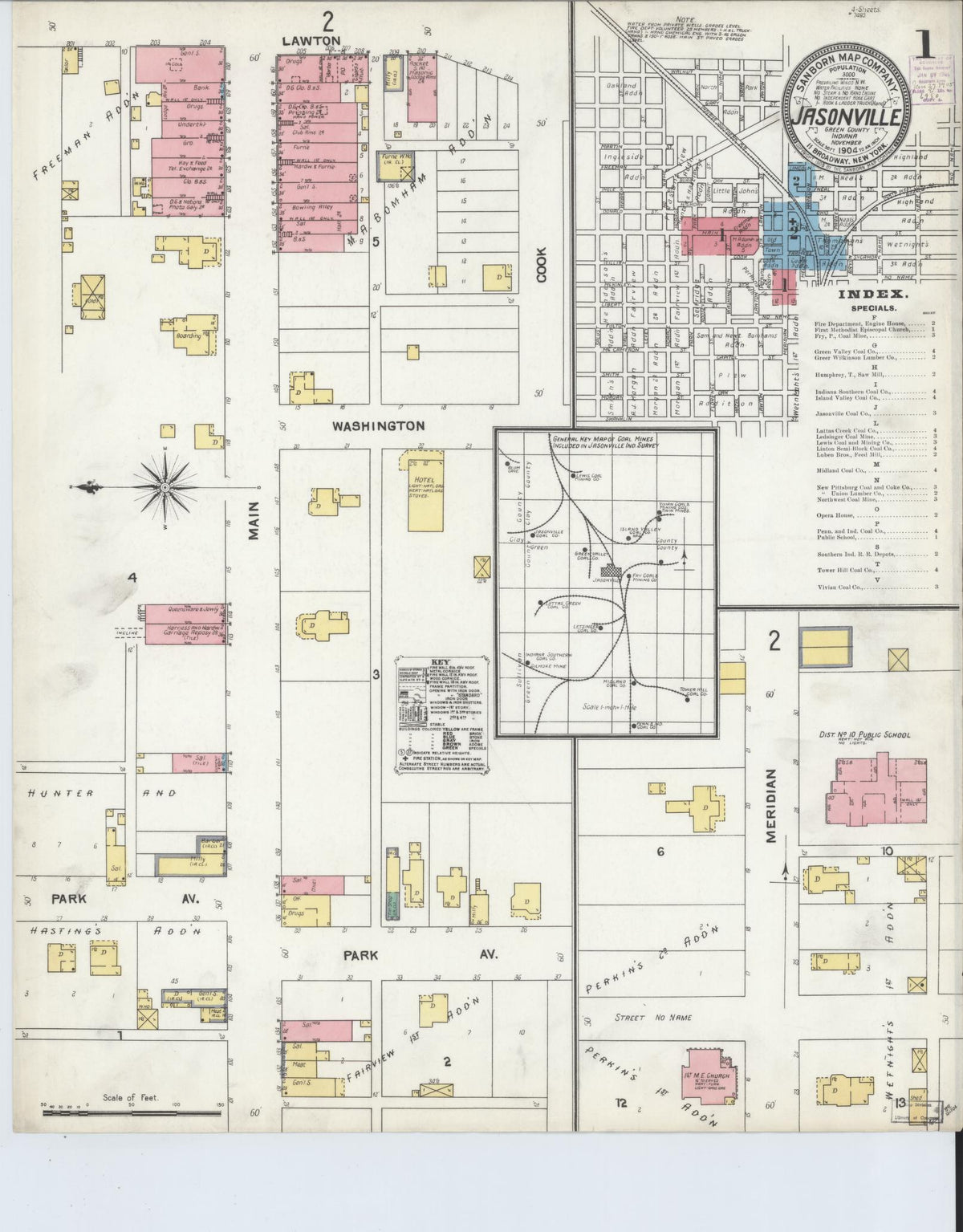 Sanborn Fire Insurance Map from Jasonville, Greene County, Indiana (1904), Sheet #0001 - Complete Map Set gallery image, historic Sanborn map, vintage wall art, Indiana Indiana