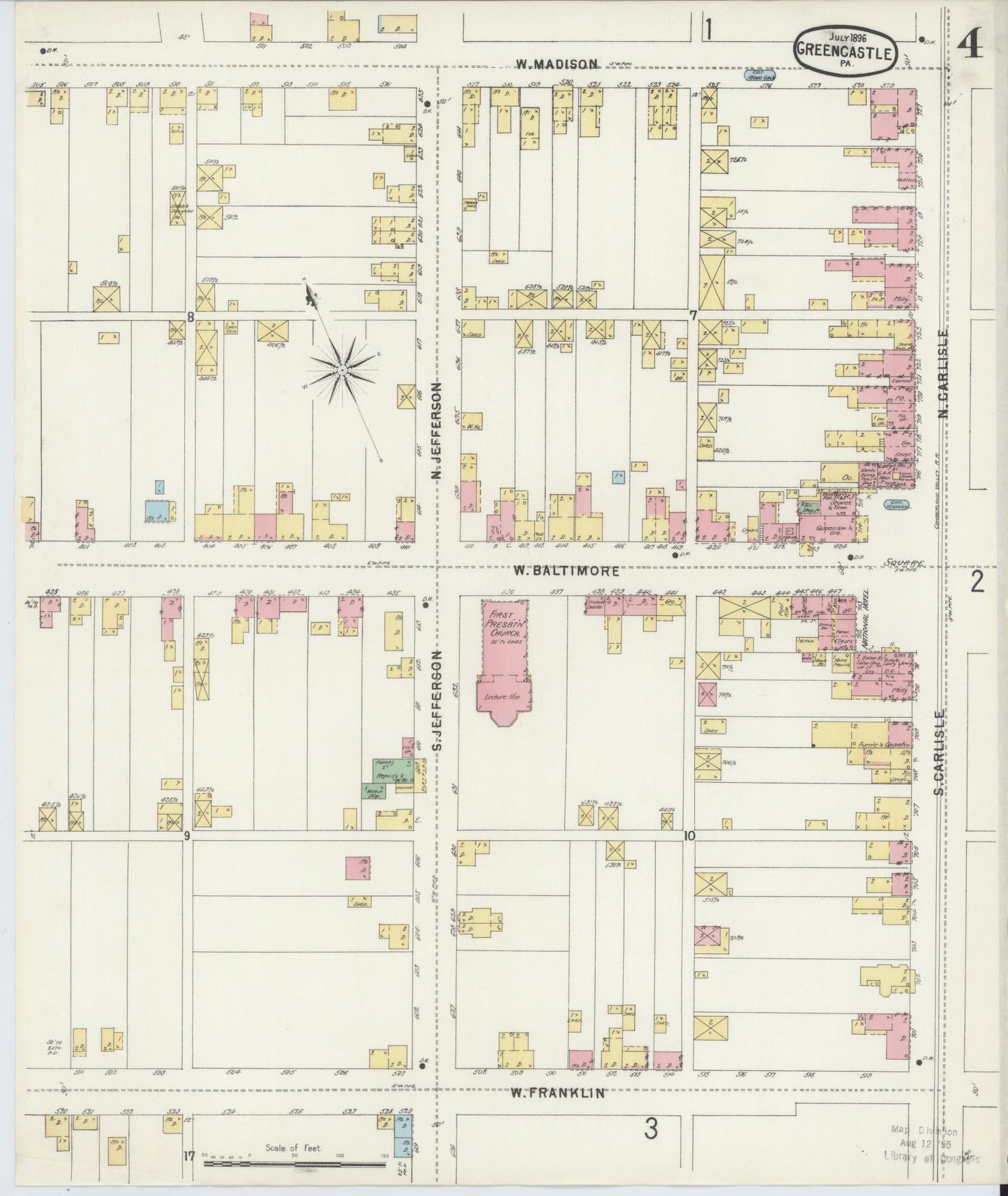 Sanborn Fire Insurance Map from Greencastle, Franklin County, Pennsylvania (1896), Sheet #0004 - Historic Sanborn Fire Insurance Map Print, vintage old map wall art, antique decor, genealogy gift, Pennsylvania Pennsylvania map