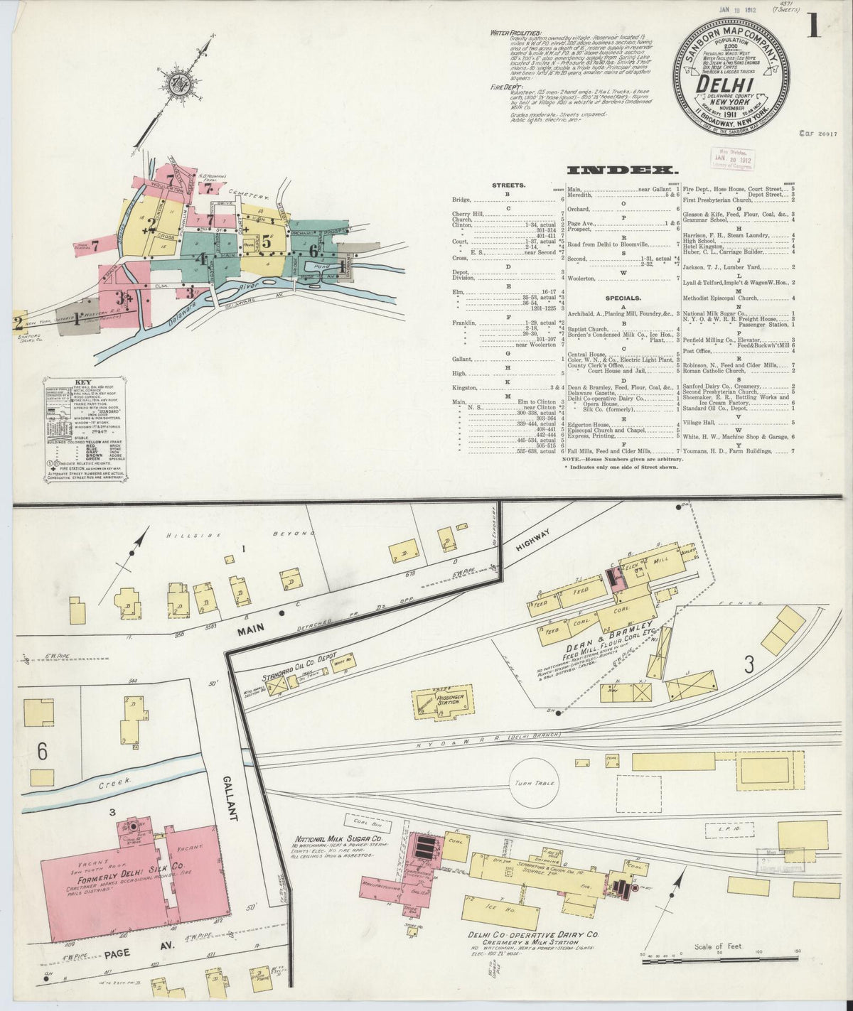 Sanborn Fire Insurance Map from Delhi, Delaware County, New York (1911), Sheet #0001 - Historic Sanborn Fire Insurance Map Print, vintage old map wall art, antique decor, genealogy gift, Delhi Delaware map
