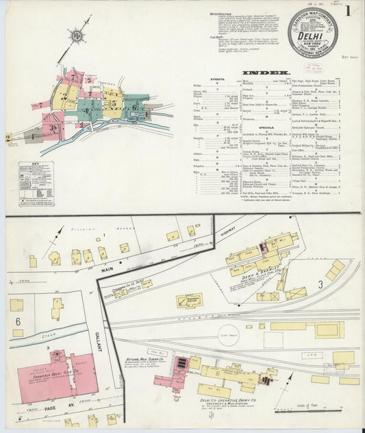 Sanborn Fire Insurance Map from Delhi, Delaware County, New York (1911), Sheet #0001 - Historic Sanborn Fire Insurance Map Print, vintage old map wall art, antique decor, genealogy gift, Delhi Delaware map